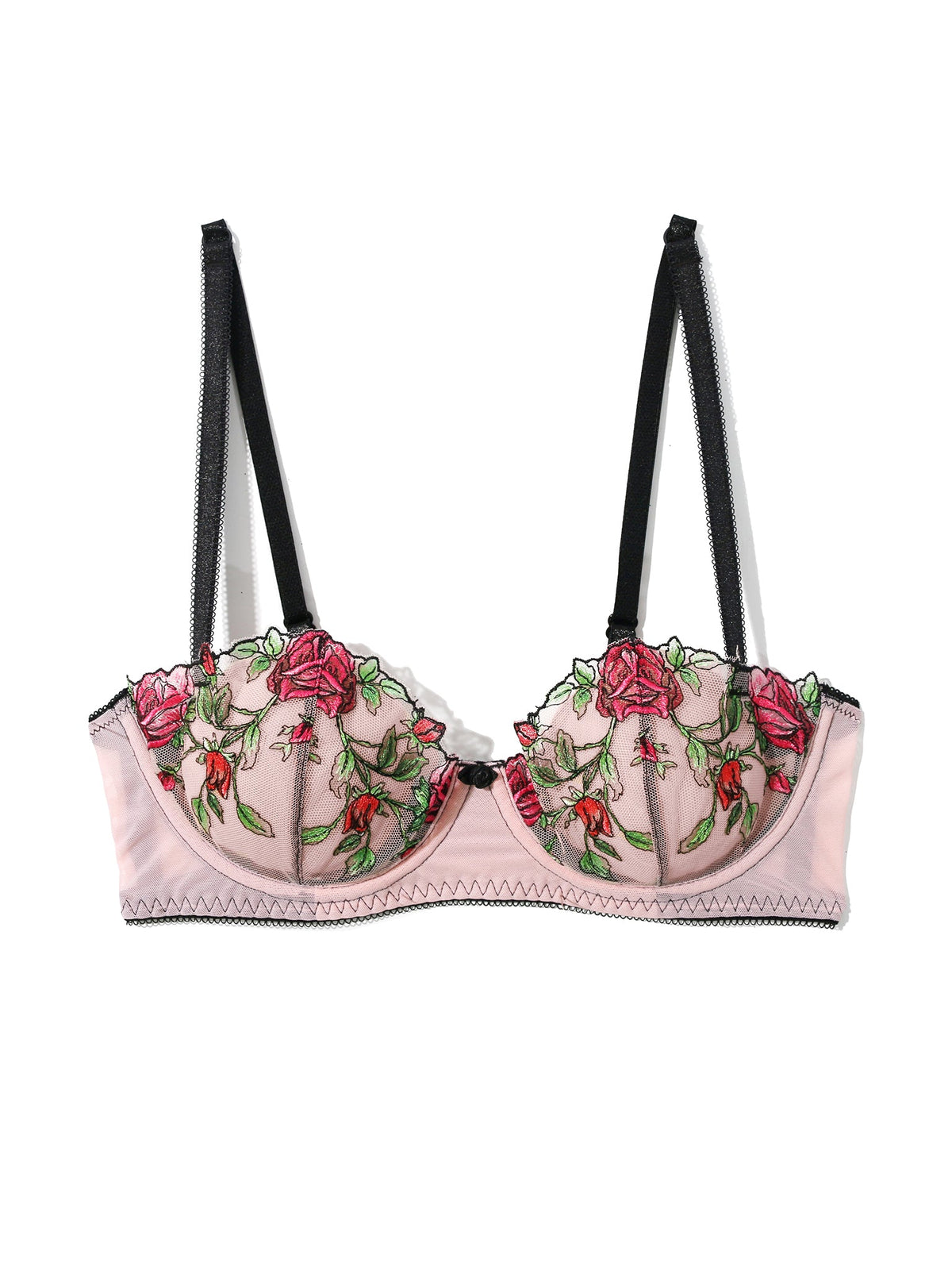 Kiss From A Rose Underwire Balconette Bra - Blush Pink Rose Embroidered Mesh Flat Lay Detail | Hanky Panky