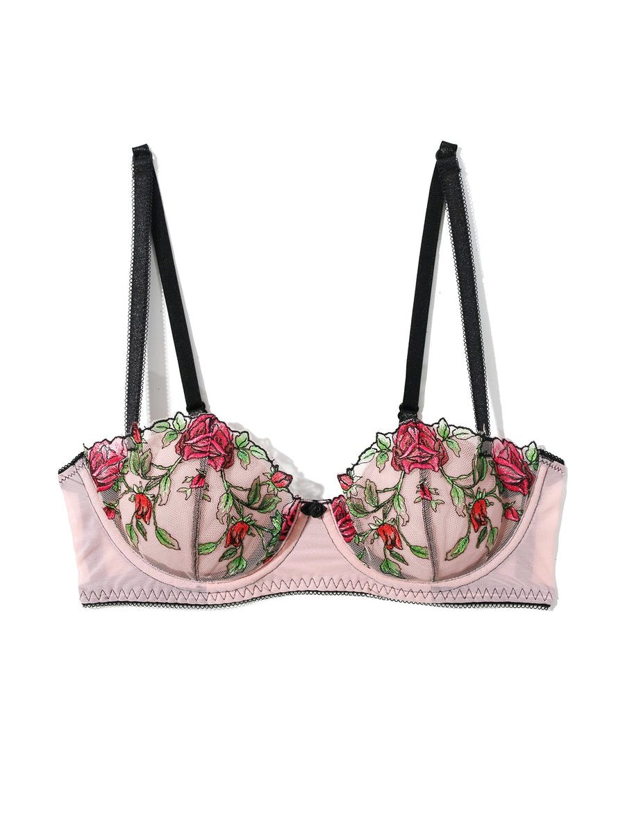 Kiss From A Rose Underwire Balconette Bra - Blush Pink Rose Embroidered Mesh Flat Lay Detail | Hanky Panky
