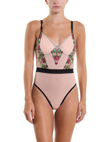 Kiss From A Rose Blush Embroidered Underwire Bodysuit - Front View On Model | Hanky Panky
