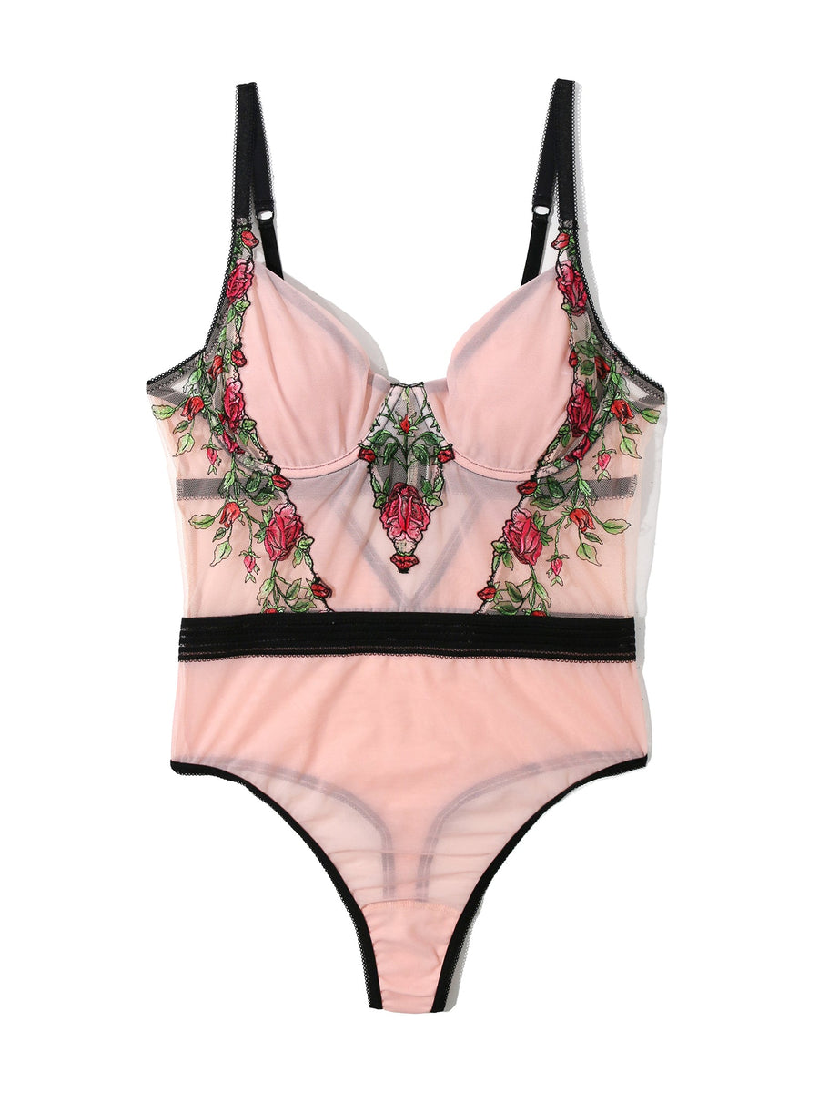 Kiss From A Rose Blush Embroidered Underwire Bodysuit - Flat Lay, Full Product View | Hanky Panky
