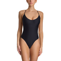 Black one-piece swimsuit worn by a model on a white background