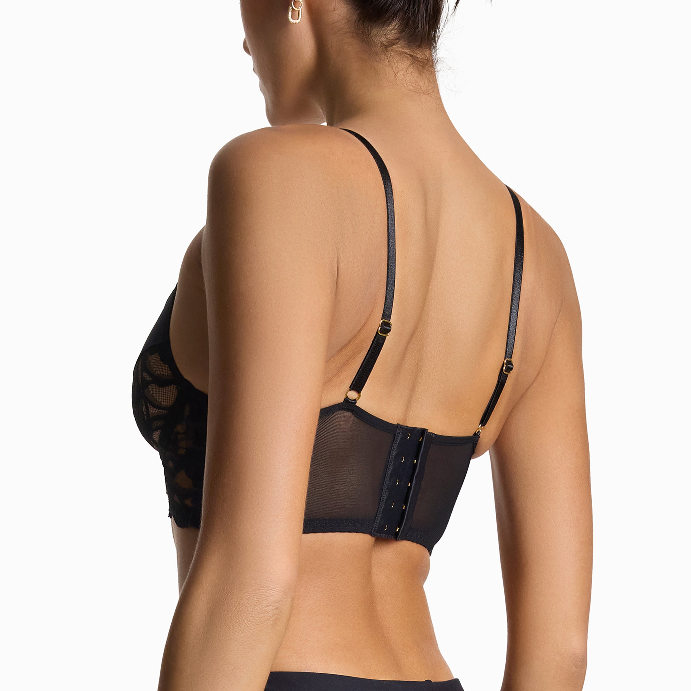 Lexi Wood X Hanky Panky Tiffany Unlined Bra Black - back angle, sheer mesh band and gold hook-and-eye closure | Hanky Panky