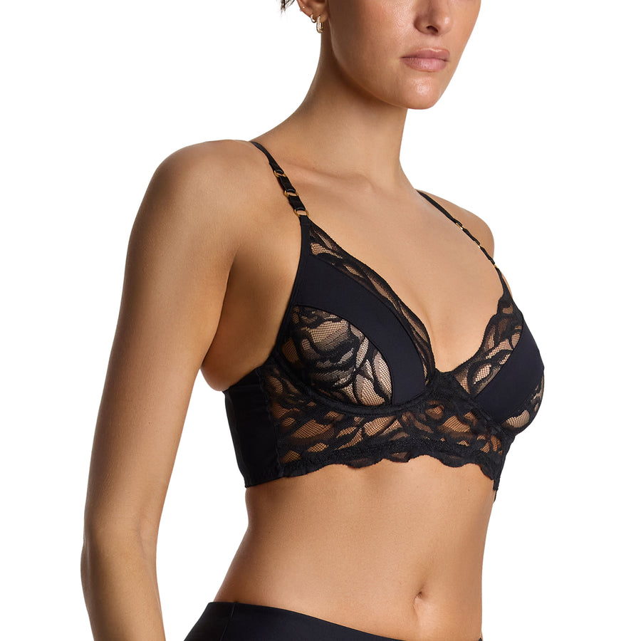 Lexi Wood X Hanky Panky Tiffany Unlined Bra Black - three-quarter side view, sheer lace cups and gold adjusters | Hanky Panky