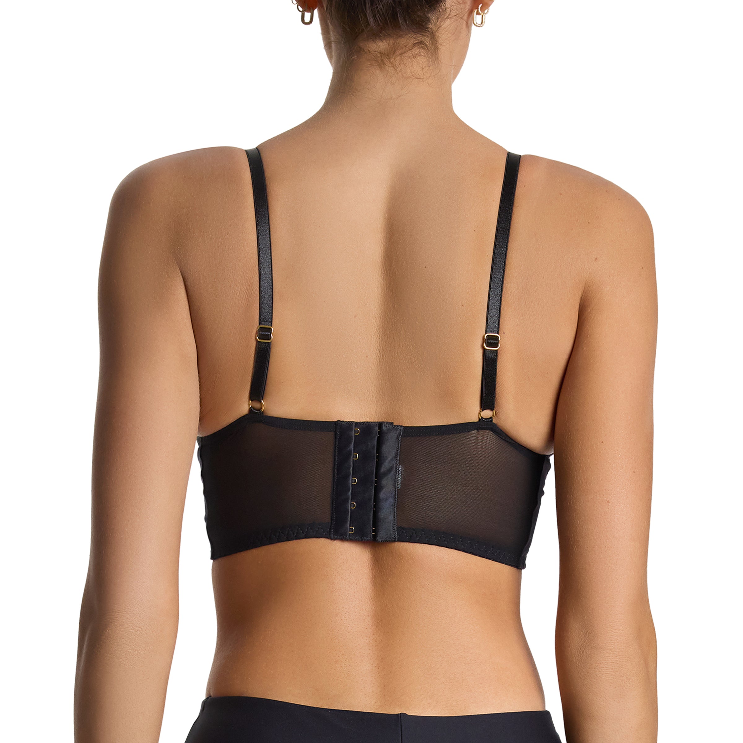 Lexi Wood X Hanky Panky Tiffany Unlined Bra Black - back view, wide sheer mesh band and multi-hook gold closure | Hanky Panky