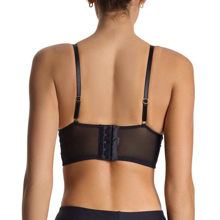 Lexi Wood X Hanky Panky Tiffany Unlined Bra Black - back view, wide sheer mesh band and multi-hook gold closure | Hanky Panky