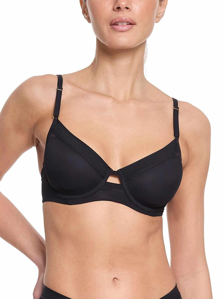 Black Mesh Plunge Bra - On Model Close-Up Front, Keyhole Detail & Gold Hardware | Hanky Panky