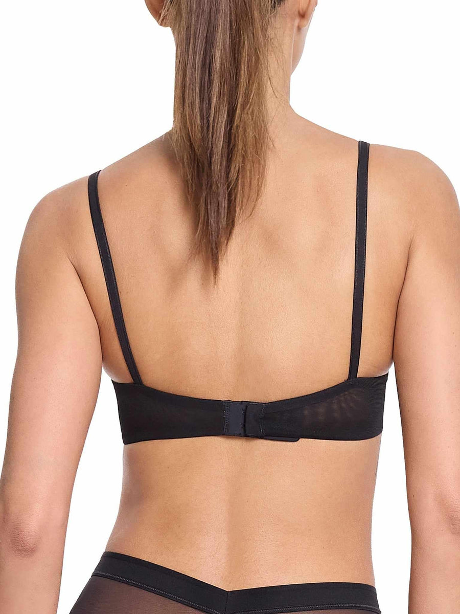 Black Lined Mesh Plunge Bra - On Model Back View, Hook-and-Eye Closure | Hanky Panky