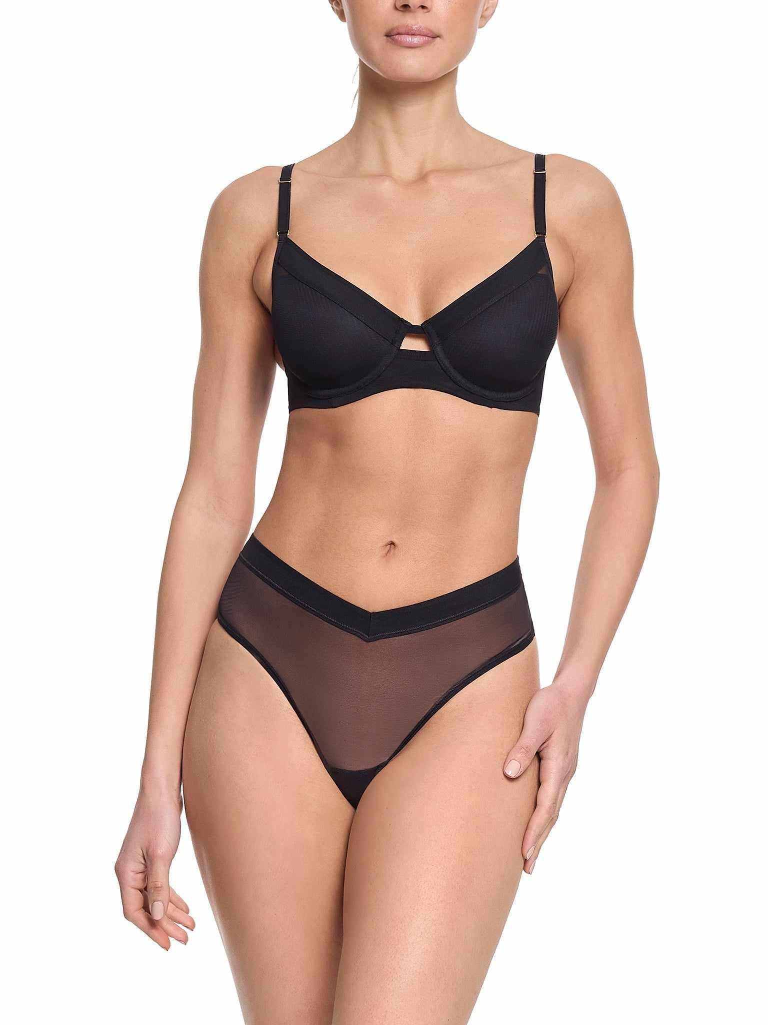 Black Lined Mesh Plunge Bra - On Model Full Front, Matching Set | Hanky Panky
