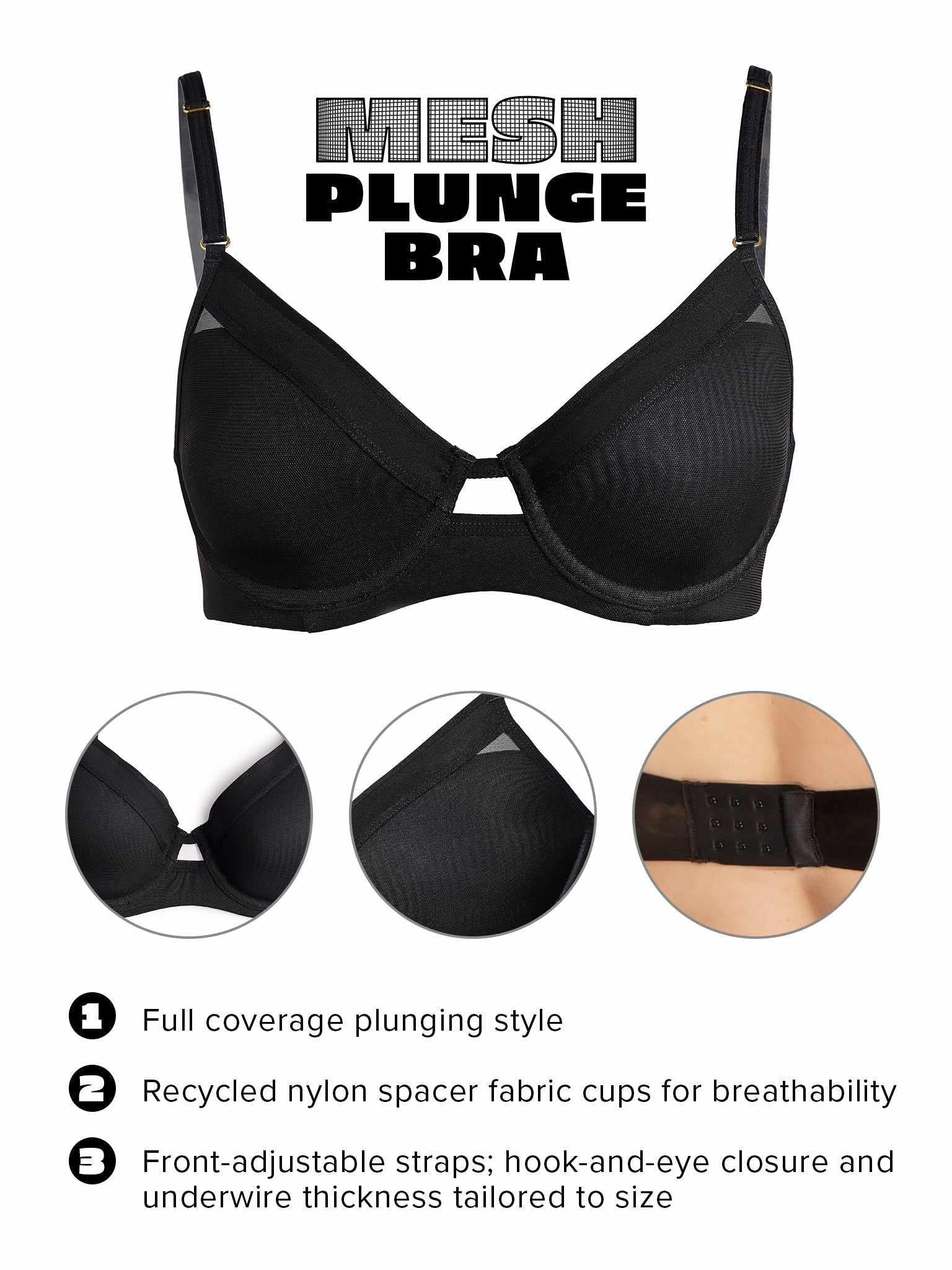 Black Mesh Plunge Bra - Product Features Infographic, Full Coverage Underwire | Hanky Panky