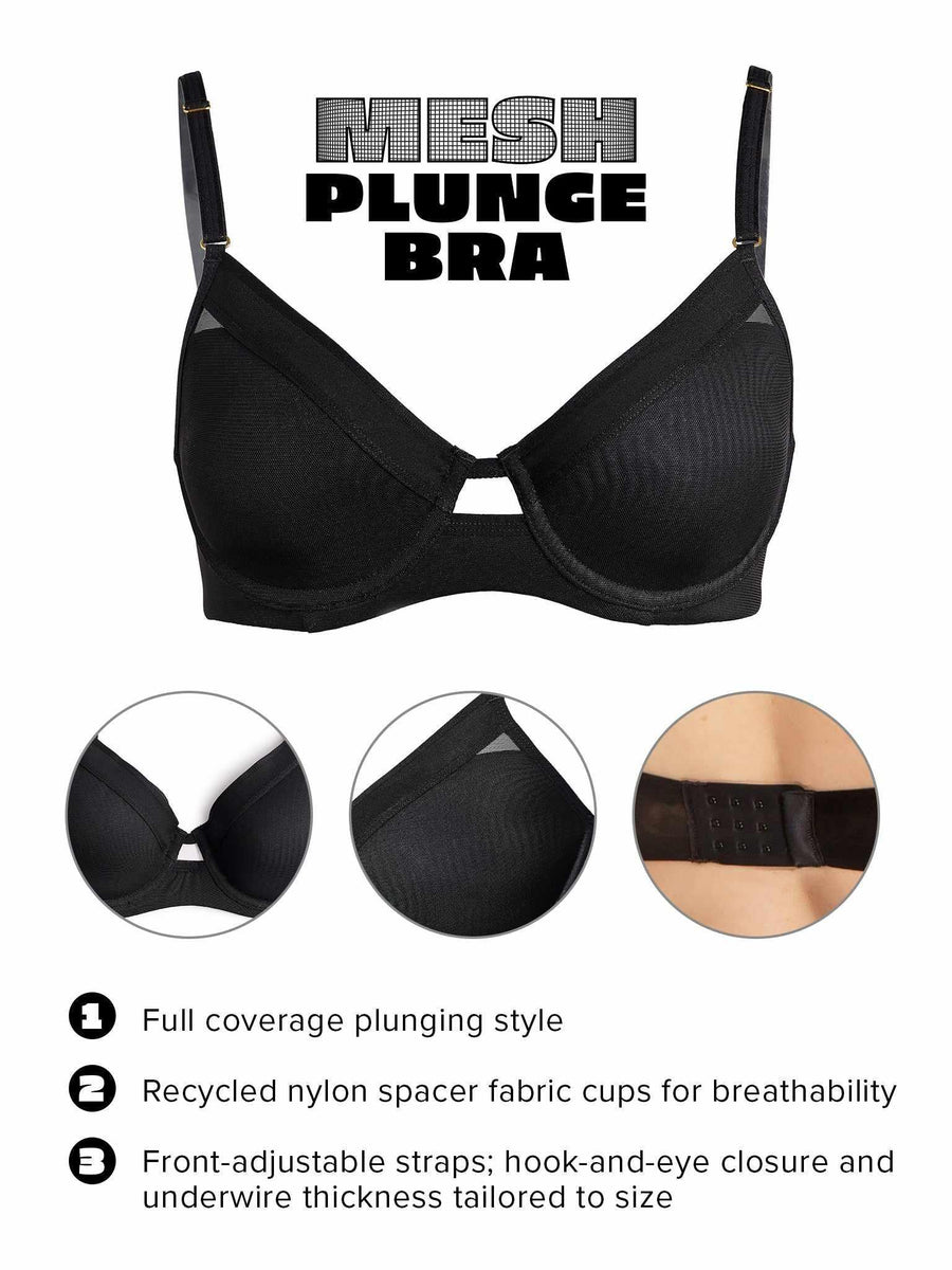 Black Mesh Plunge Bra - Product Features Infographic, Full Coverage Underwire | Hanky Panky