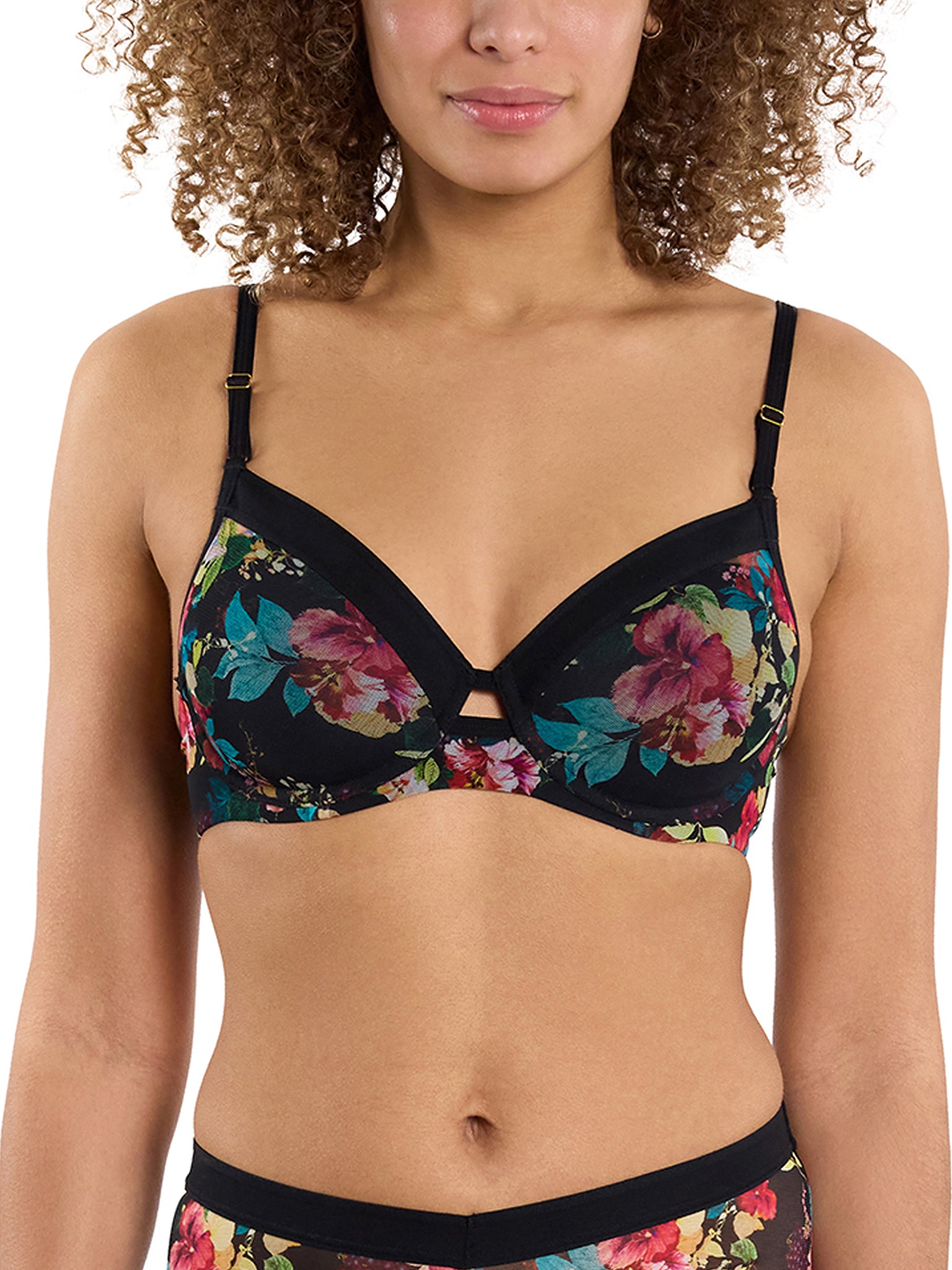 Botanic Romantic Lined Mesh Plunge Bra - Front Close-Up, High-Apex Plunge Neckline & Floral Print | Hanky Panky