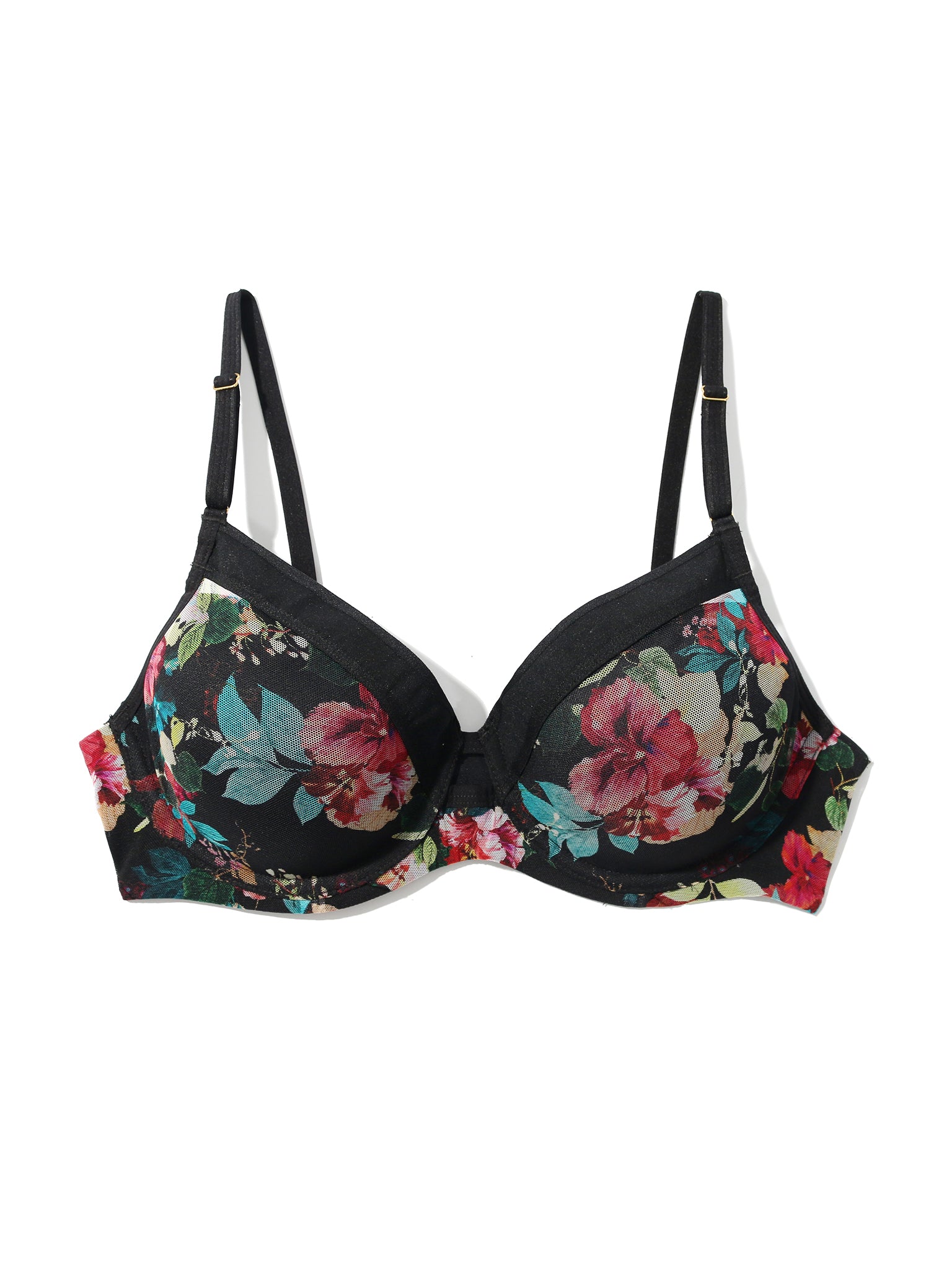 Botanic Romantic Black Floral Mesh Plunge Bra - Flat Lay, Lined Underwire Cups Detail | Hanky Panky