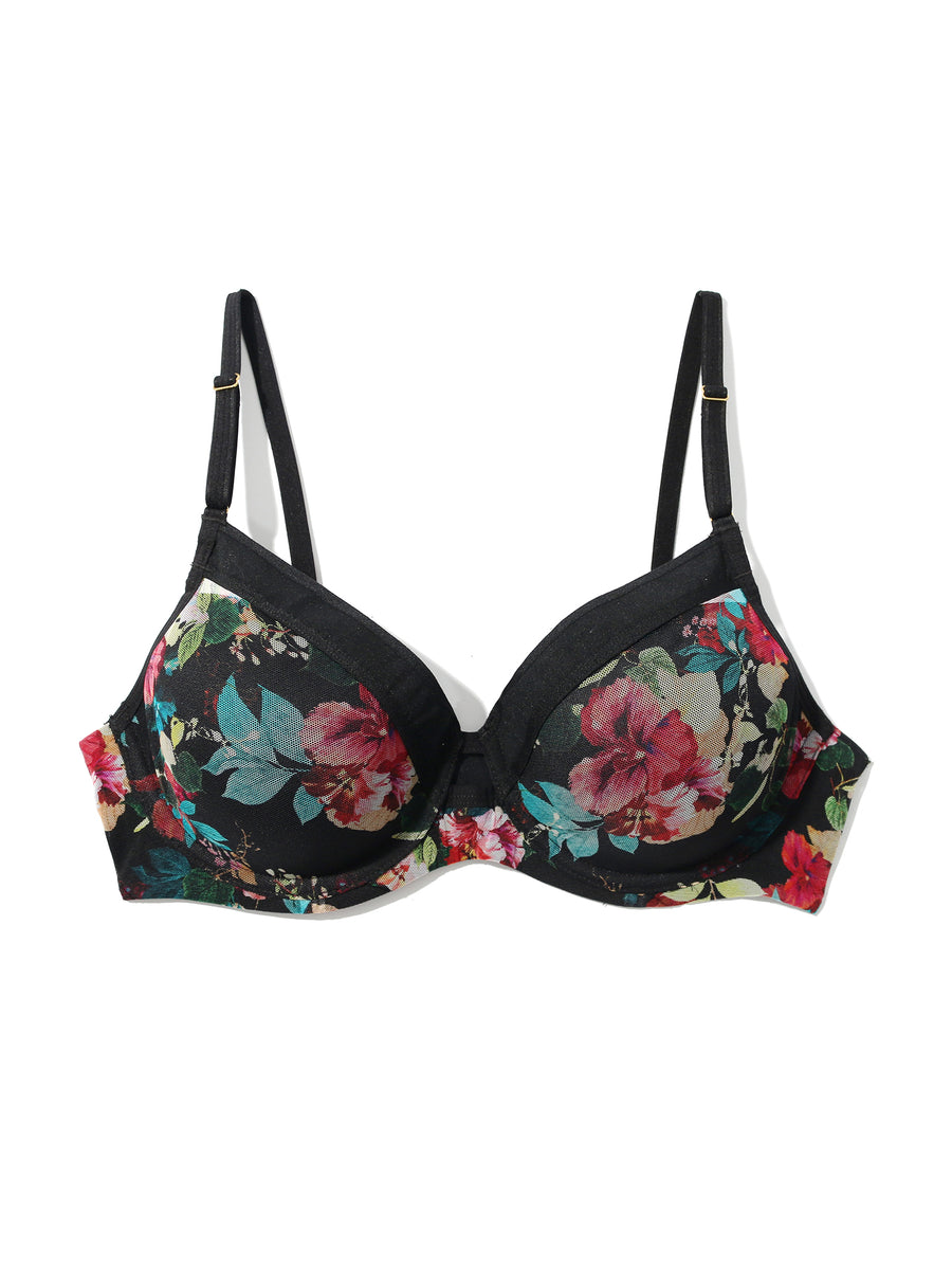 Botanic Romantic Black Floral Mesh Plunge Bra - Flat Lay, Lined Underwire Cups Detail | Hanky Panky