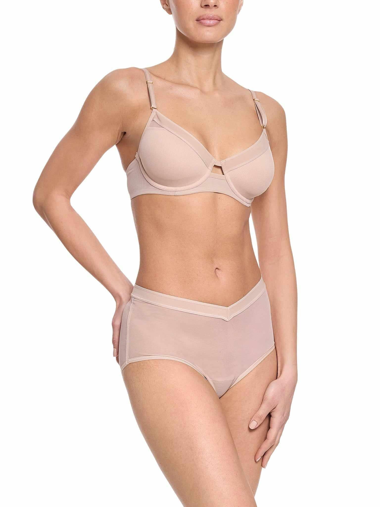 Chai Lined Mesh Plunge Bra - Three-Quarter View, Matching Underwear Set | Hanky Panky