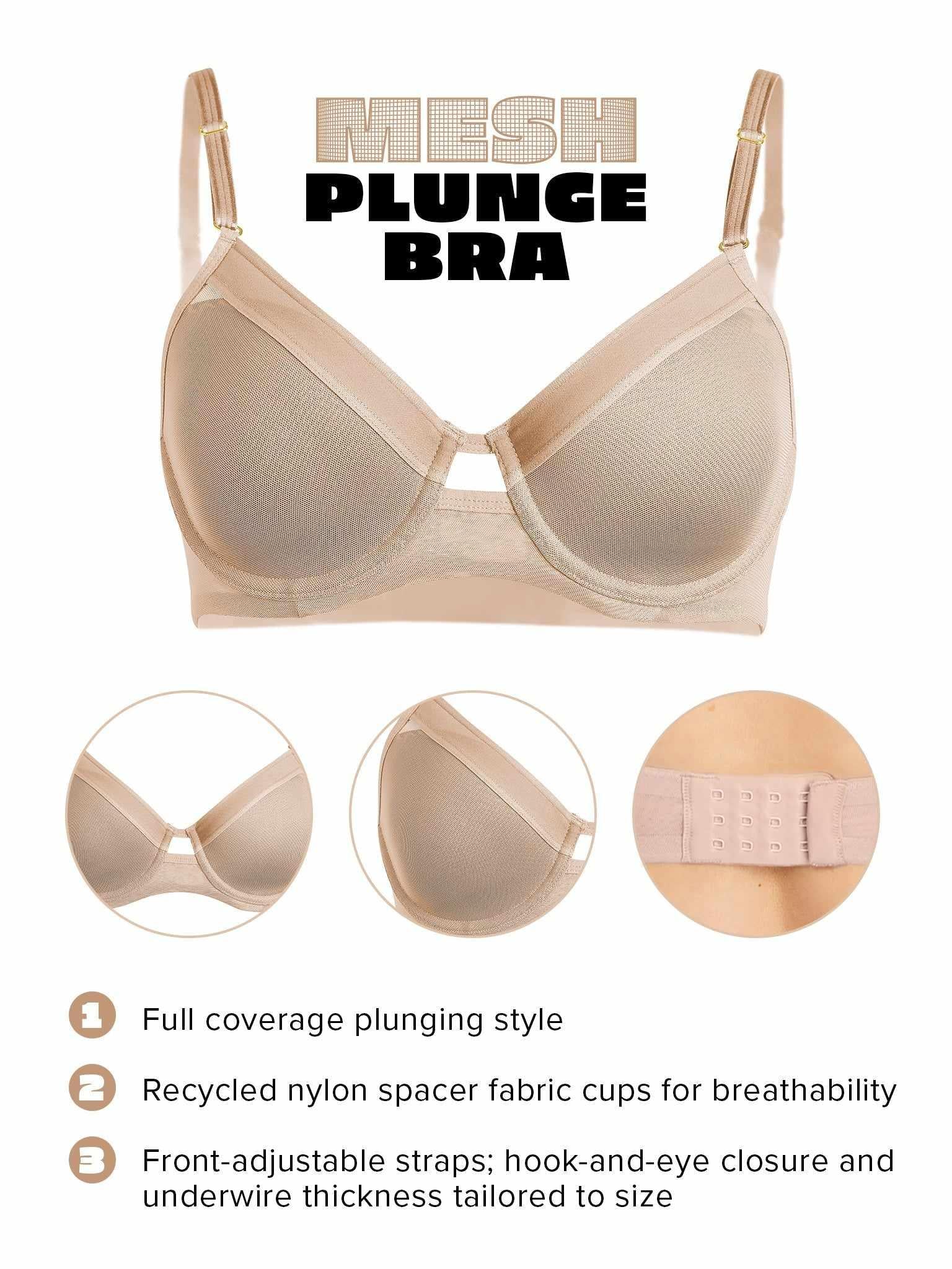 Chai Mesh Plunge Bra Feature Infographic - Full Coverage, Recycled Nylon Cups | Hanky Panky