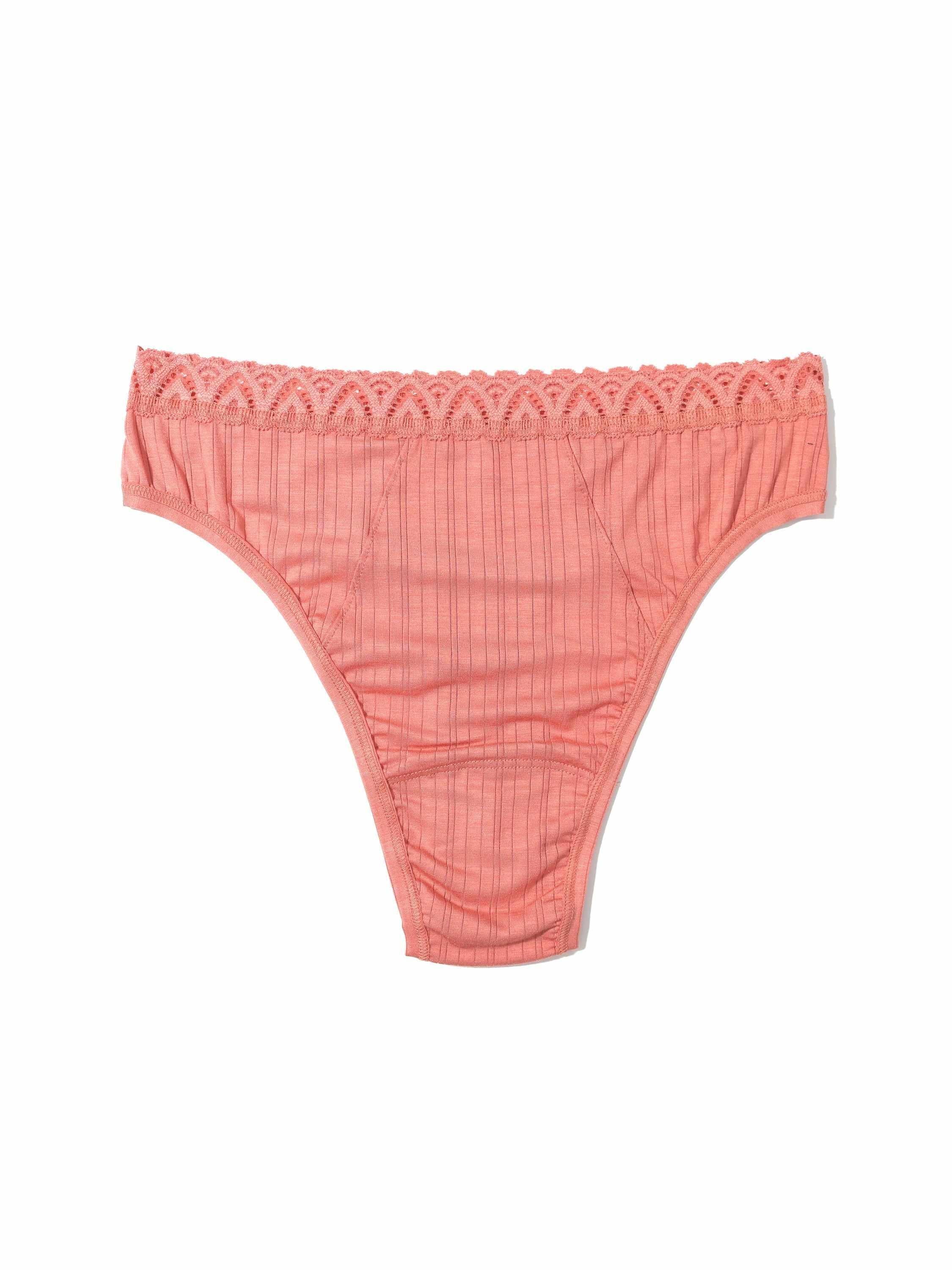 Antique Rose MellowLuxe™ High Cut Thong - Flat Lay, Ribbed Knit with Scallop Lace Trim | Hanky Panky
