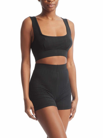 Black MellowLuxe™ Lounge Bralette - On Model Full Front, Styled with Matching Shorts | Hanky Panky