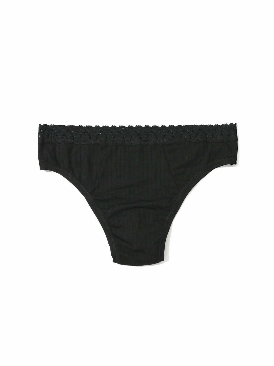 Black MellowLuxe™ Low Rise Thong lace trim detail - Flat Lay Front View | Hanky Panky