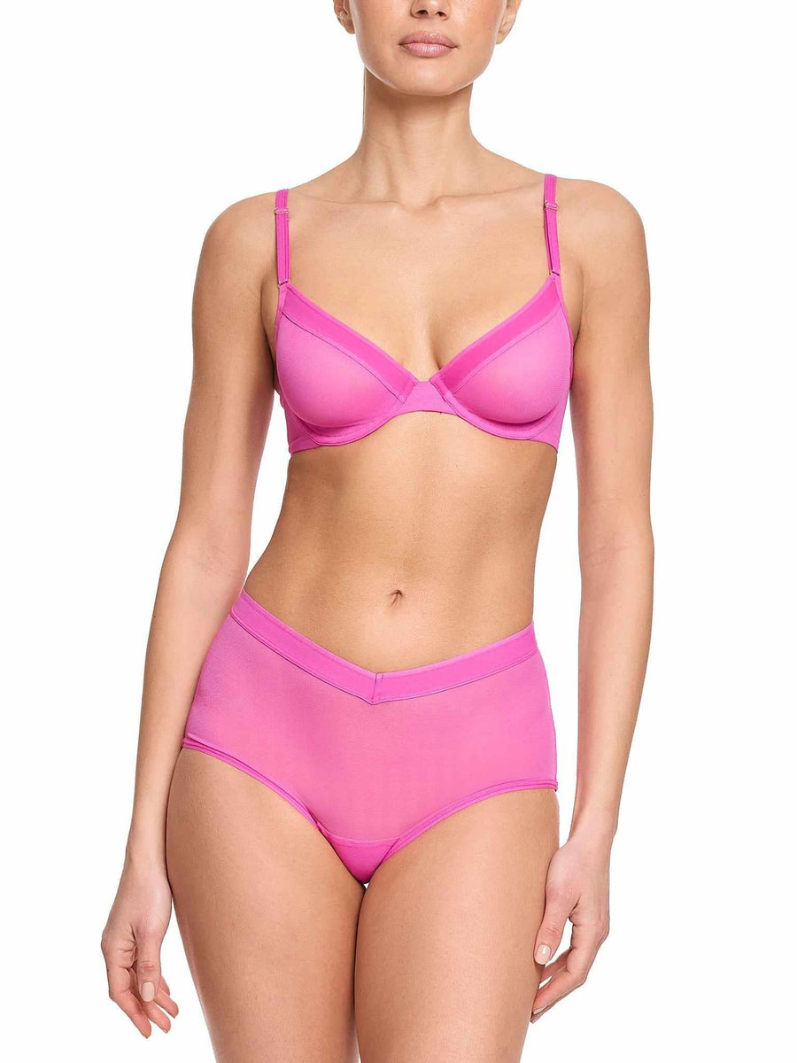 Berry Burst Pink Mesh Boyshort - Matching Lingerie Set with Bra, Full Front View On Model | Hanky Panky