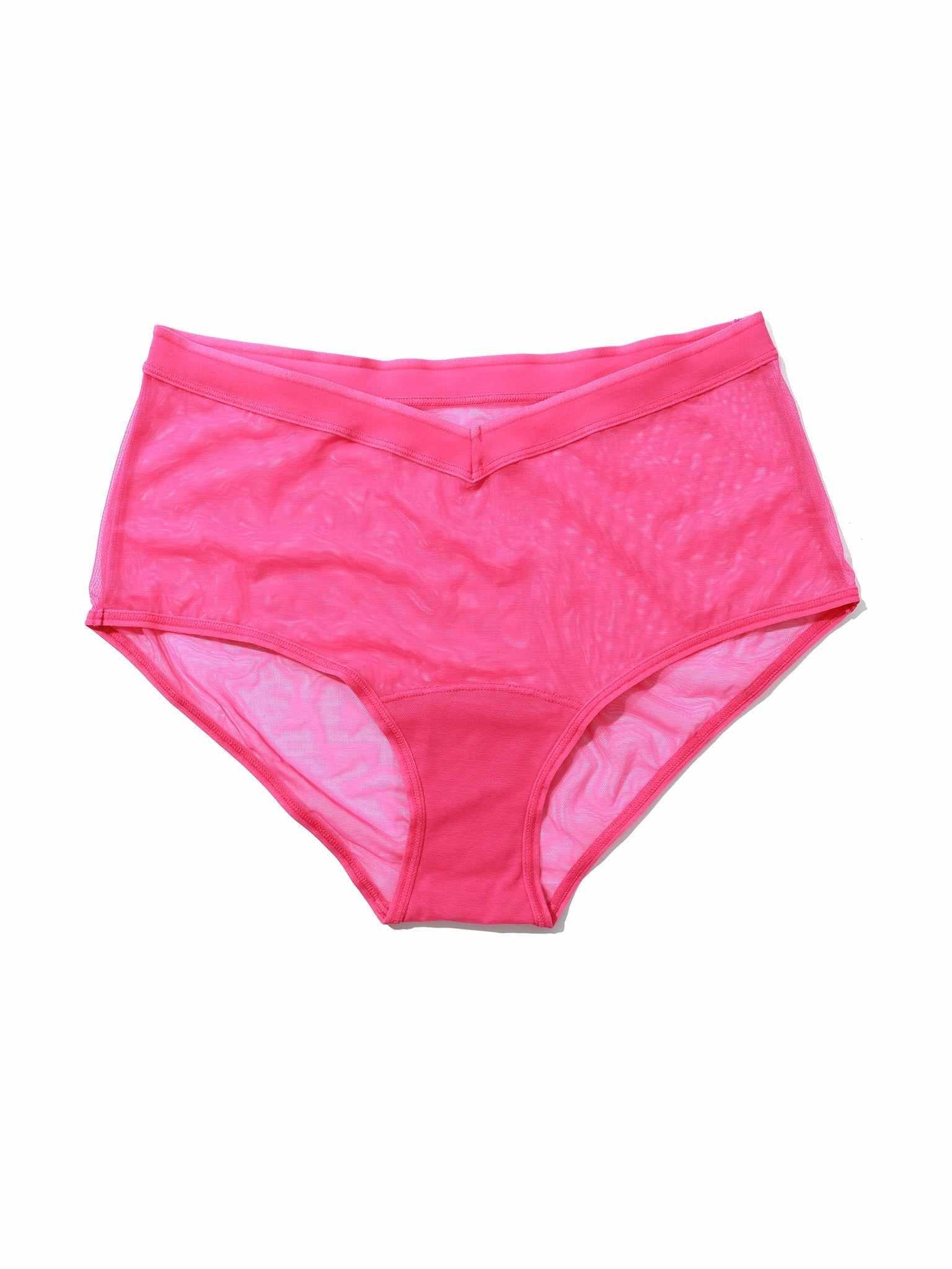Berry Burst Pink Stretch Mesh Boyshort - Flat Lay, Sheer V-Waist Fabric Detail | Hanky Panky