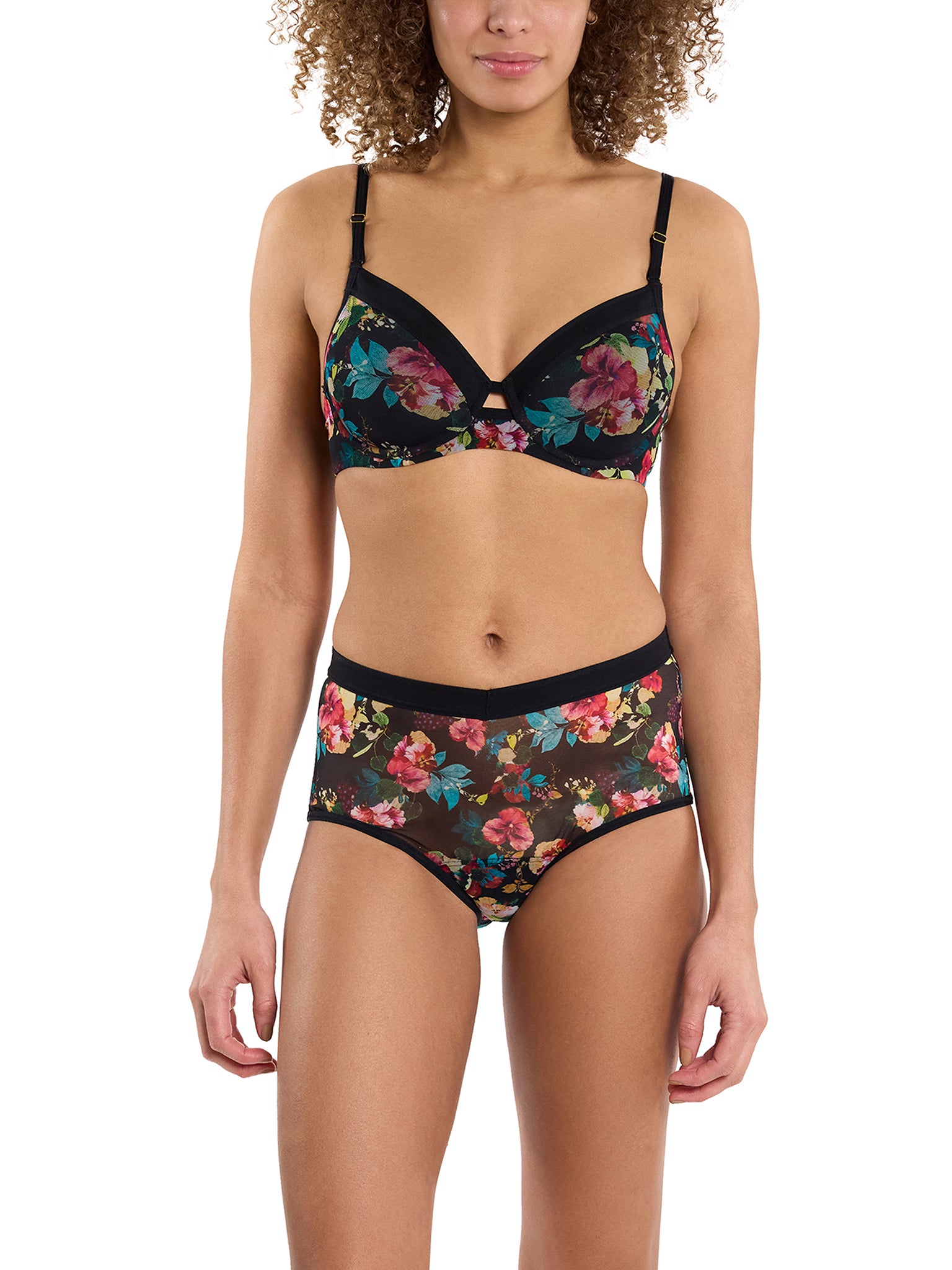 Botanic Romantic Floral Mesh Boyshort & Matching Bra Set - Full Front On Model | Hanky Panky