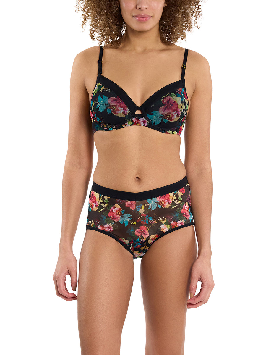 Botanic Romantic Floral Mesh Boyshort & Matching Bra Set - Full Front On Model | Hanky Panky