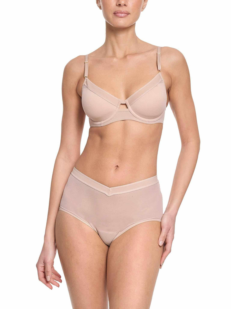 Chai Mesh Boyshort Styled as Matching Lingerie Set with Bra - Front On Model | Hanky Panky