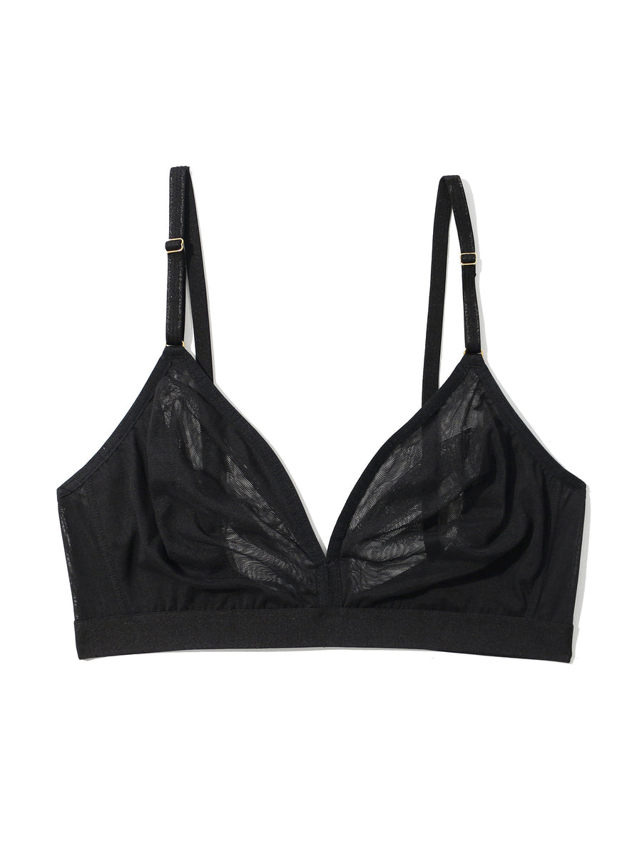Black Mesh Triangle Bralette - Flat Lay, Sheer Cups with Gold Adjustable Straps | Hanky Panky