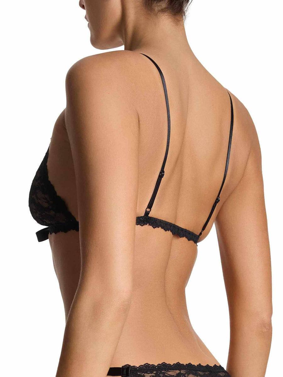 Black Peek-a-Boo Lace Front Tie Bralette - 3/4 Back Angle, Spaghetti Straps Detail | Hanky Panky