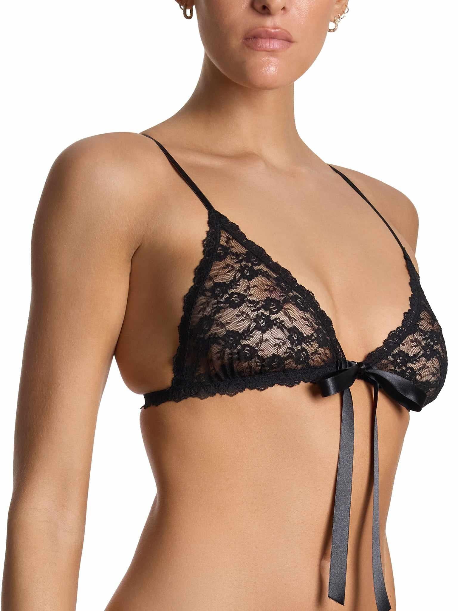 Black Peek-a-Boo Lace Front Tie Bralette - 3/4 Front Angle, Sheer Lace & Satin Tie | Hanky Panky