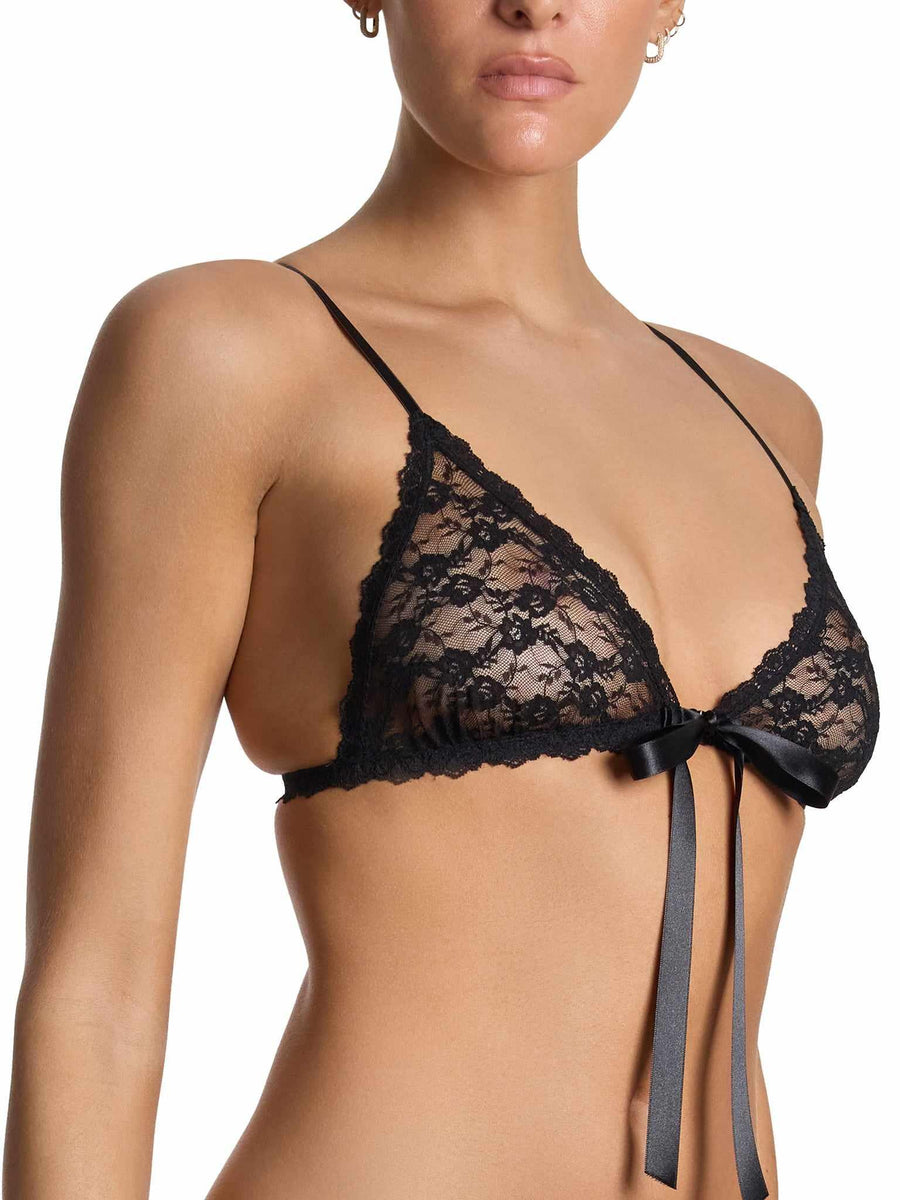 Black Peek-a-Boo Lace Front Tie Bralette - 3/4 Front Angle, Sheer Lace & Satin Tie | Hanky Panky