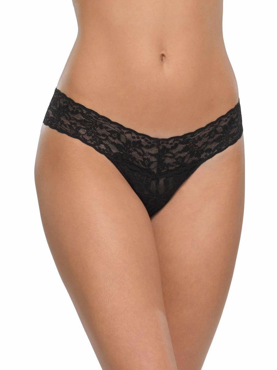Black Petite Size Signature Lace Low Rise Thong - Front On-Model View | Hanky Panky