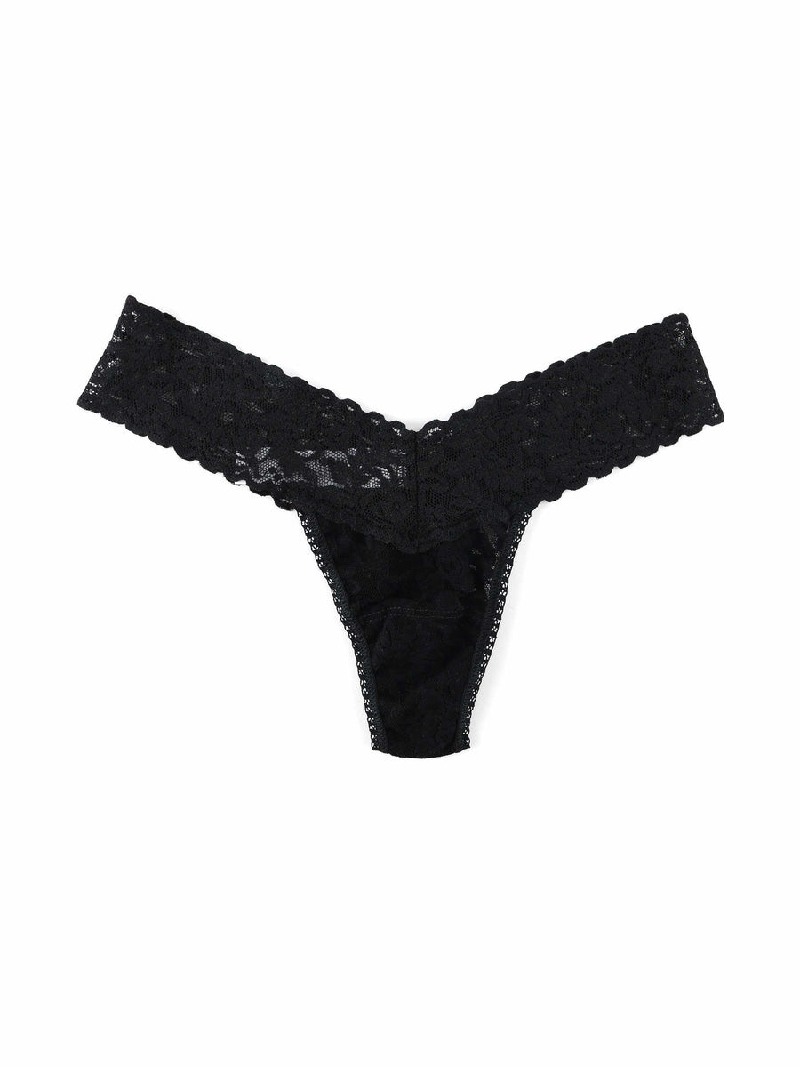 Black Petite Signature Lace Low Rise Thong - Flat Lay Front Detail | Hanky Panky