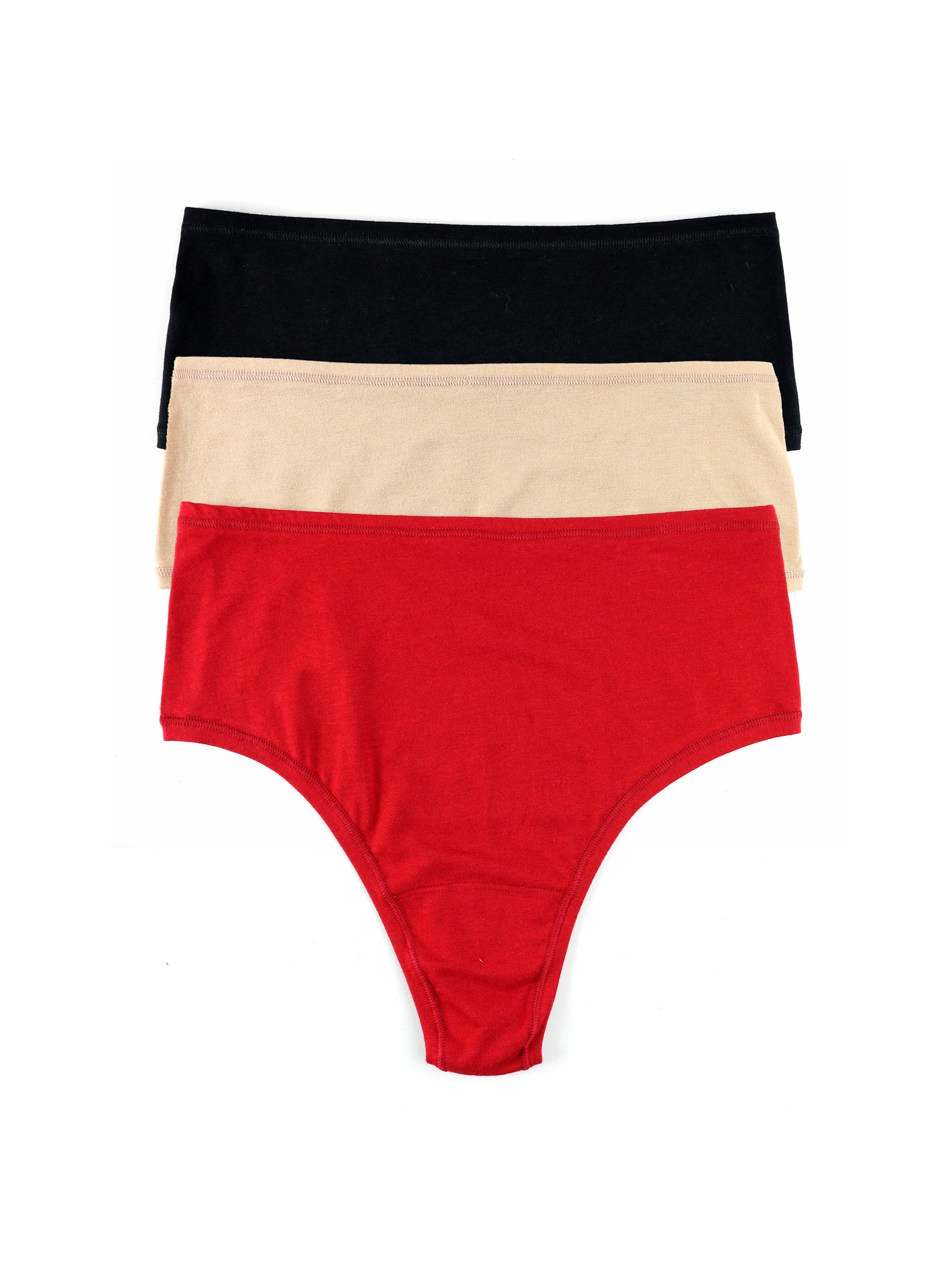 3 PlayStretch™ High Rise Thongs in Black, Chai & Cayenne - Flat Lay 3-Pack | Hanky Panky