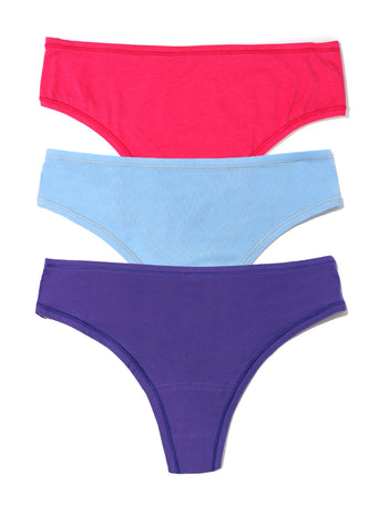 3 PlayStretch™ Natural Rise Thongs in Pink, Blue & Purple Modal-Cotton - Flat Lay | Hanky Panky