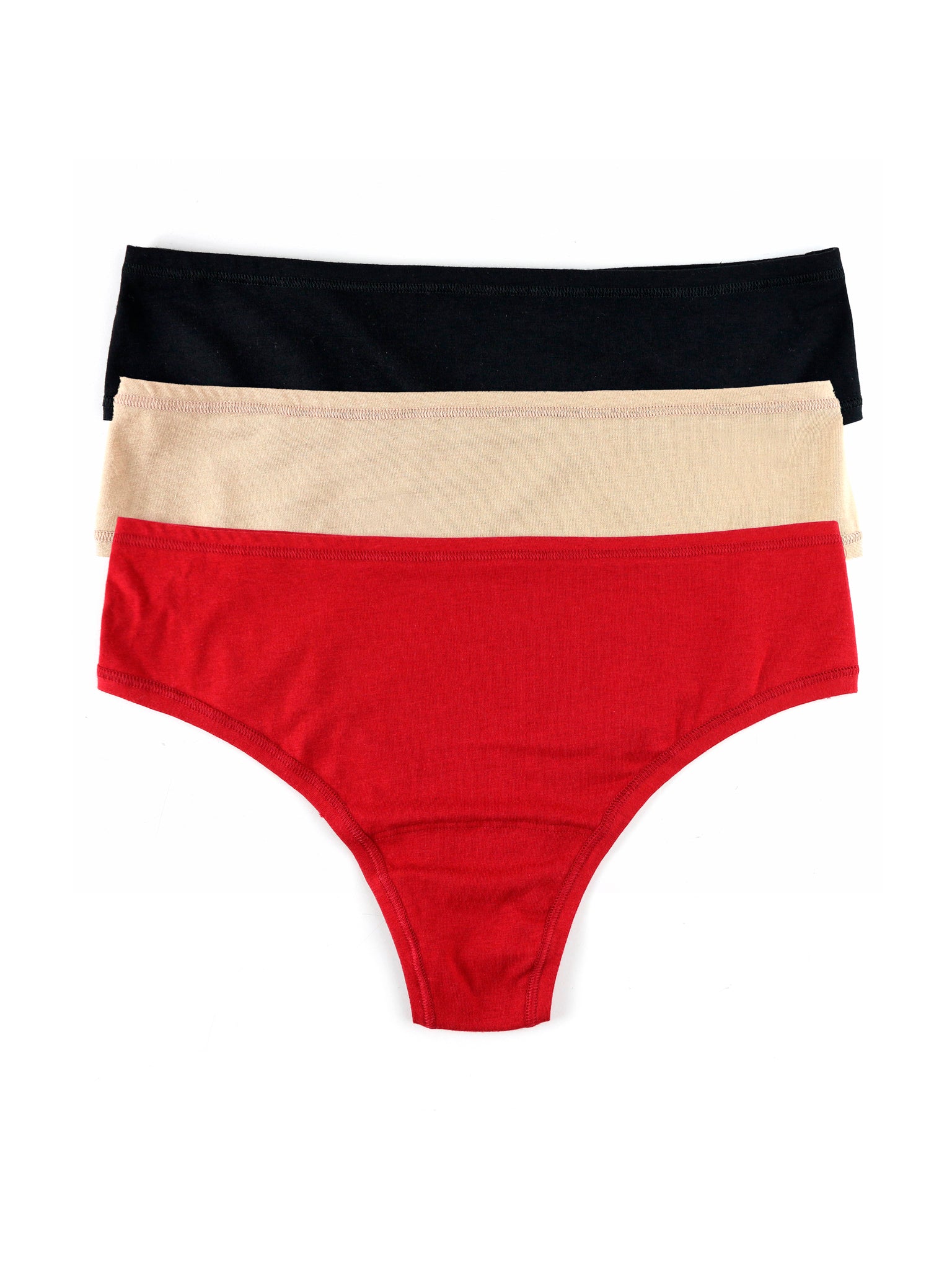 PlayStretch™ Natural Rise Thong 3-Pack in Black, Chai & Cayenne - Flat Lay | Hanky Panky