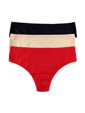PlayStretch™ Natural Rise Thong 3-Pack in Black, Chai & Cayenne - Flat Lay | Hanky Panky
