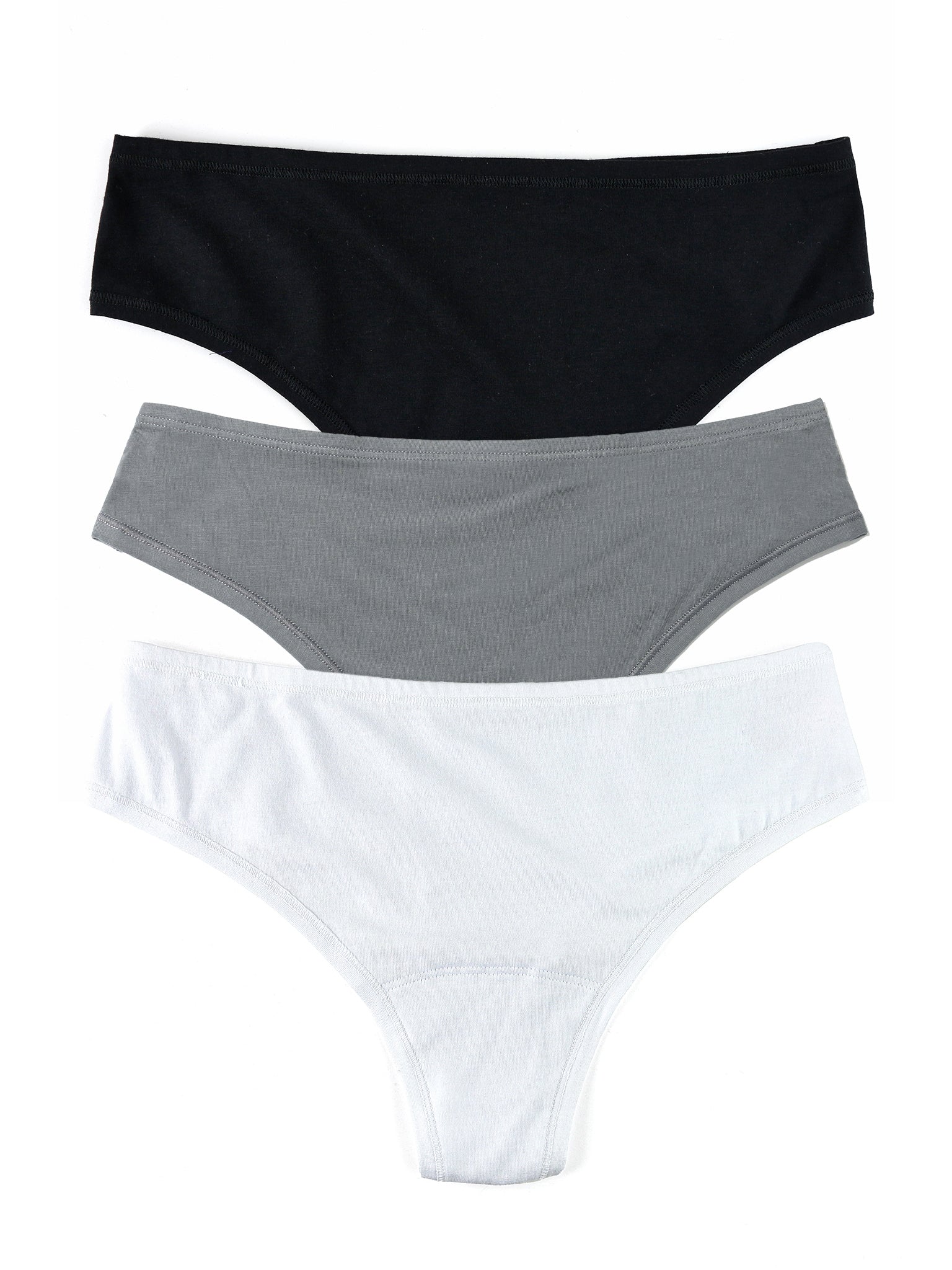 PlayStretch™ Natural Rise Thong 3 Pack in White, Grey & Black - Flat Lay | Hanky Panky