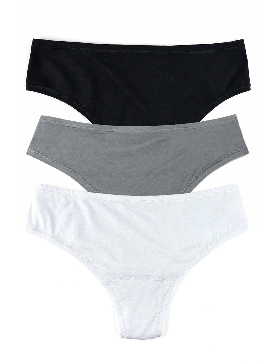 PlayStretch™ Natural Rise Thong 3 Pack in White, Grey & Black - Flat Lay | Hanky Panky