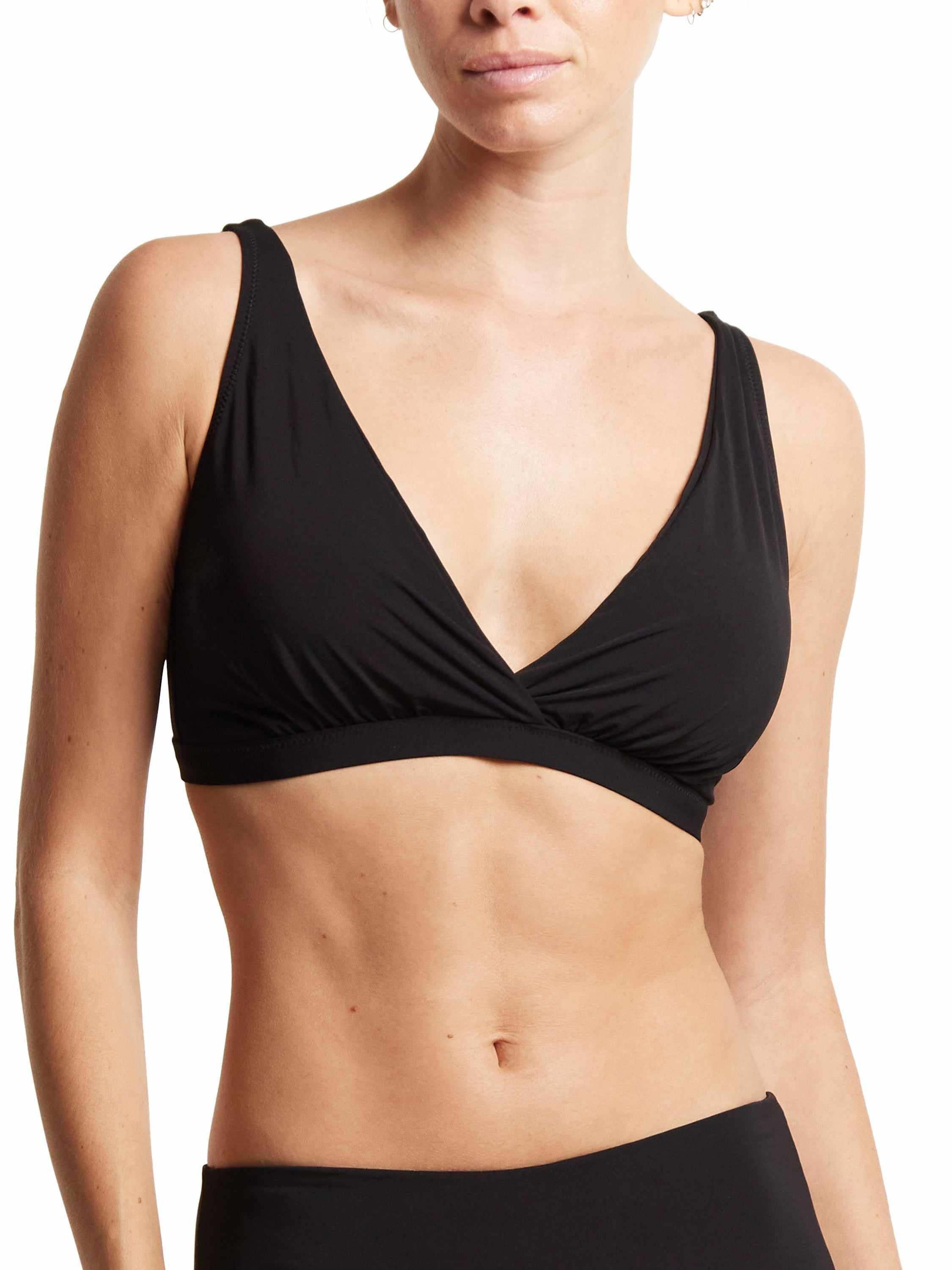 Black Plunge Swim Top Deep V-Neck Wrap Front On Model - Women's Swimwear | Hanky Panky