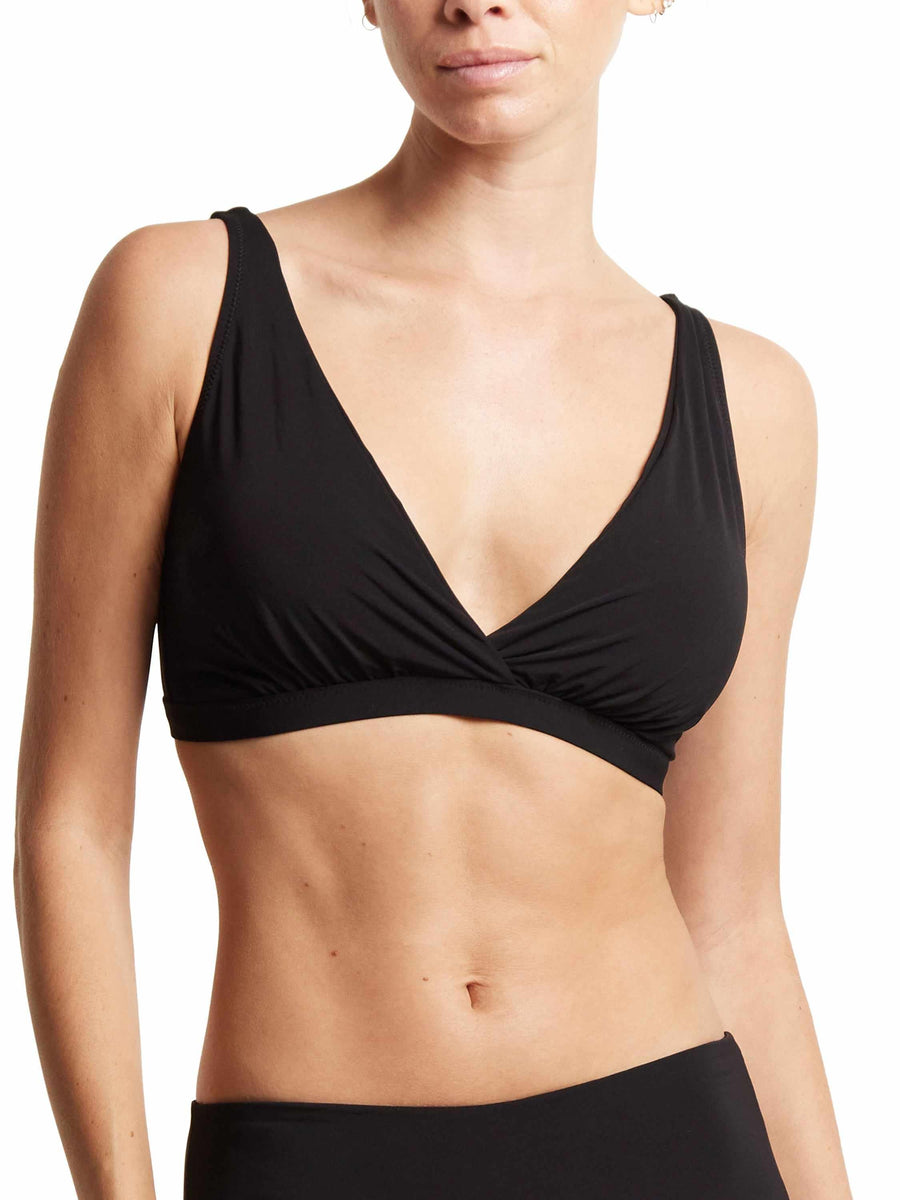 Black Plunge Swim Top Deep V-Neck Wrap Front On Model - Women's Swimwear | Hanky Panky