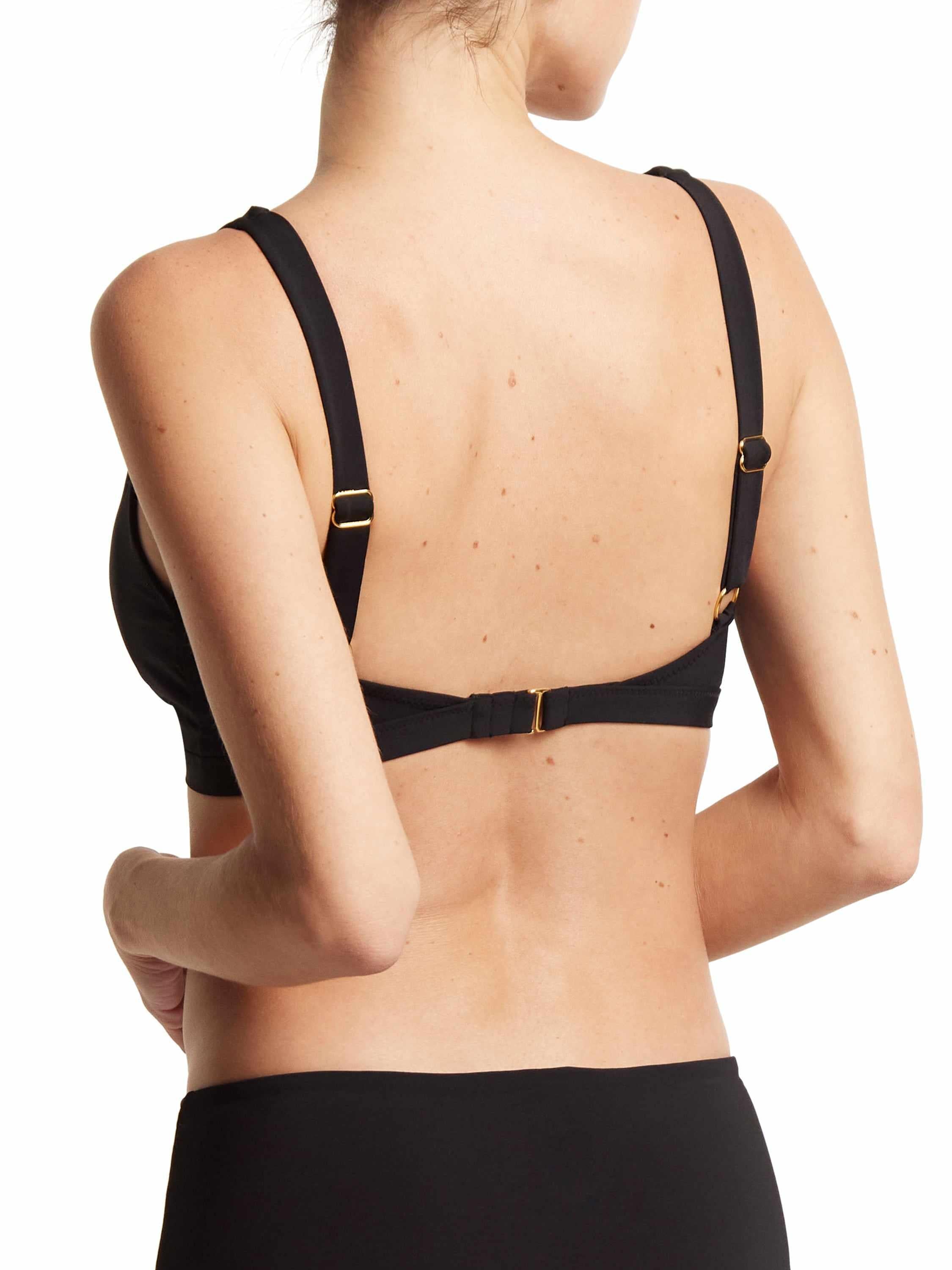 Black Plunge Swim Top Back View with Gold Adjustable Hardware - Two Piece Swimsuit | Hanky Panky