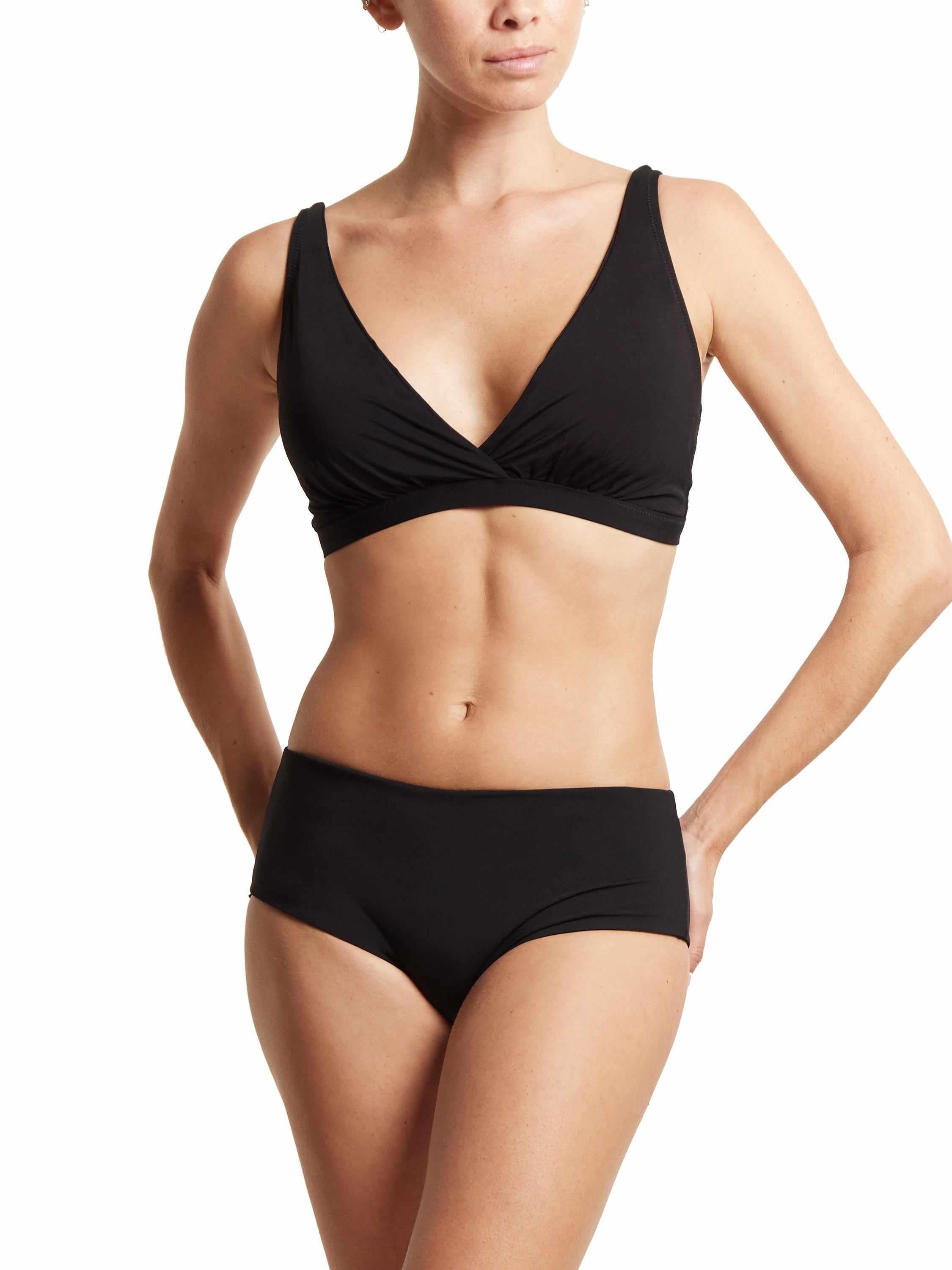 Black Plunge Swim Top Full Look On Model with Matching Black Swim Bottom - Women's Swimwear | Hanky Panky