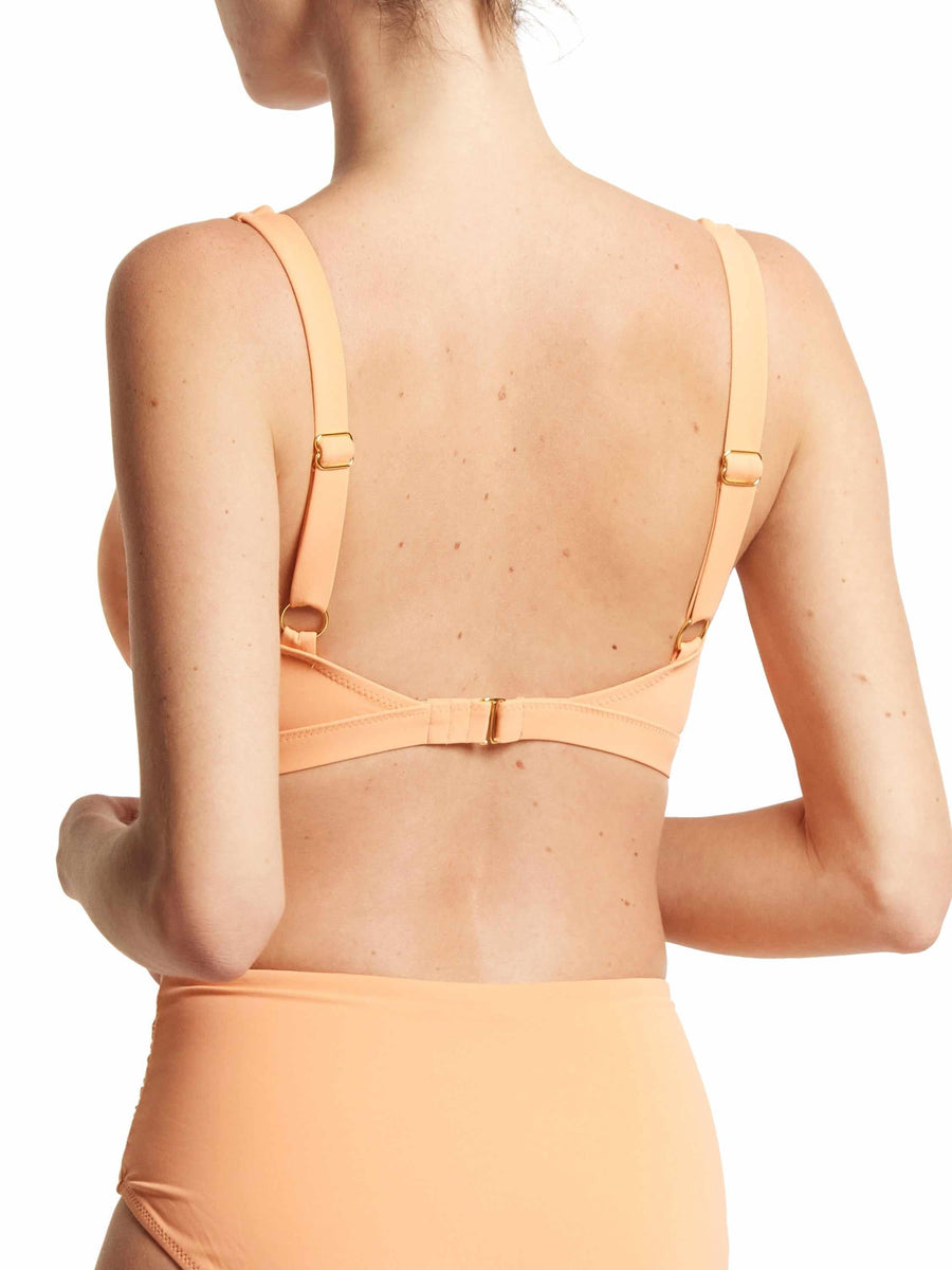 Florence Orange Plunge Swim Top - Back View, Gold Adjustable Hardware Straps On-Model | Hanky Panky