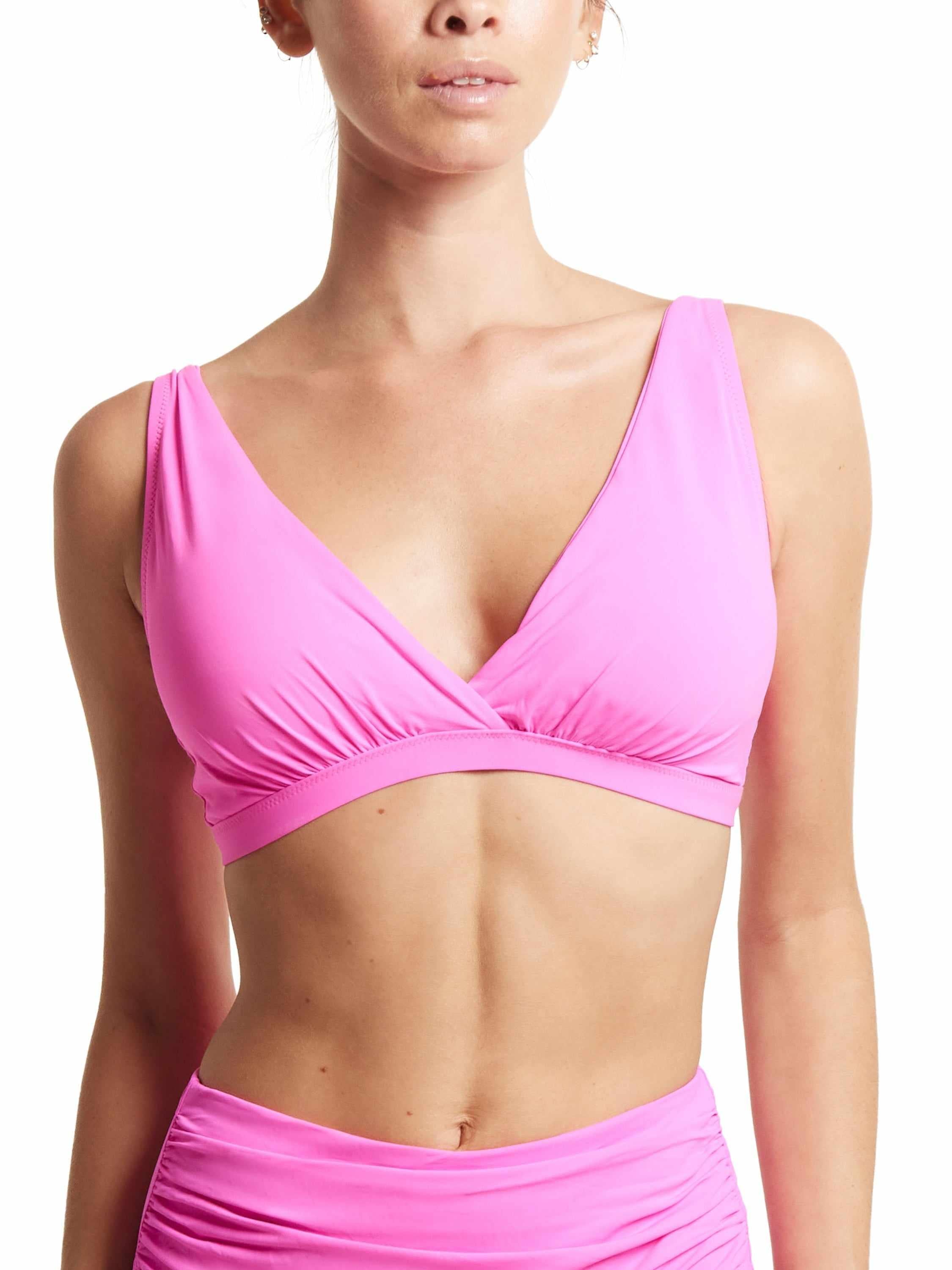 Unapologetic Pink Plunge Swim Top Wrap Front V-Neck Close-Up On Model | Hanky Panky