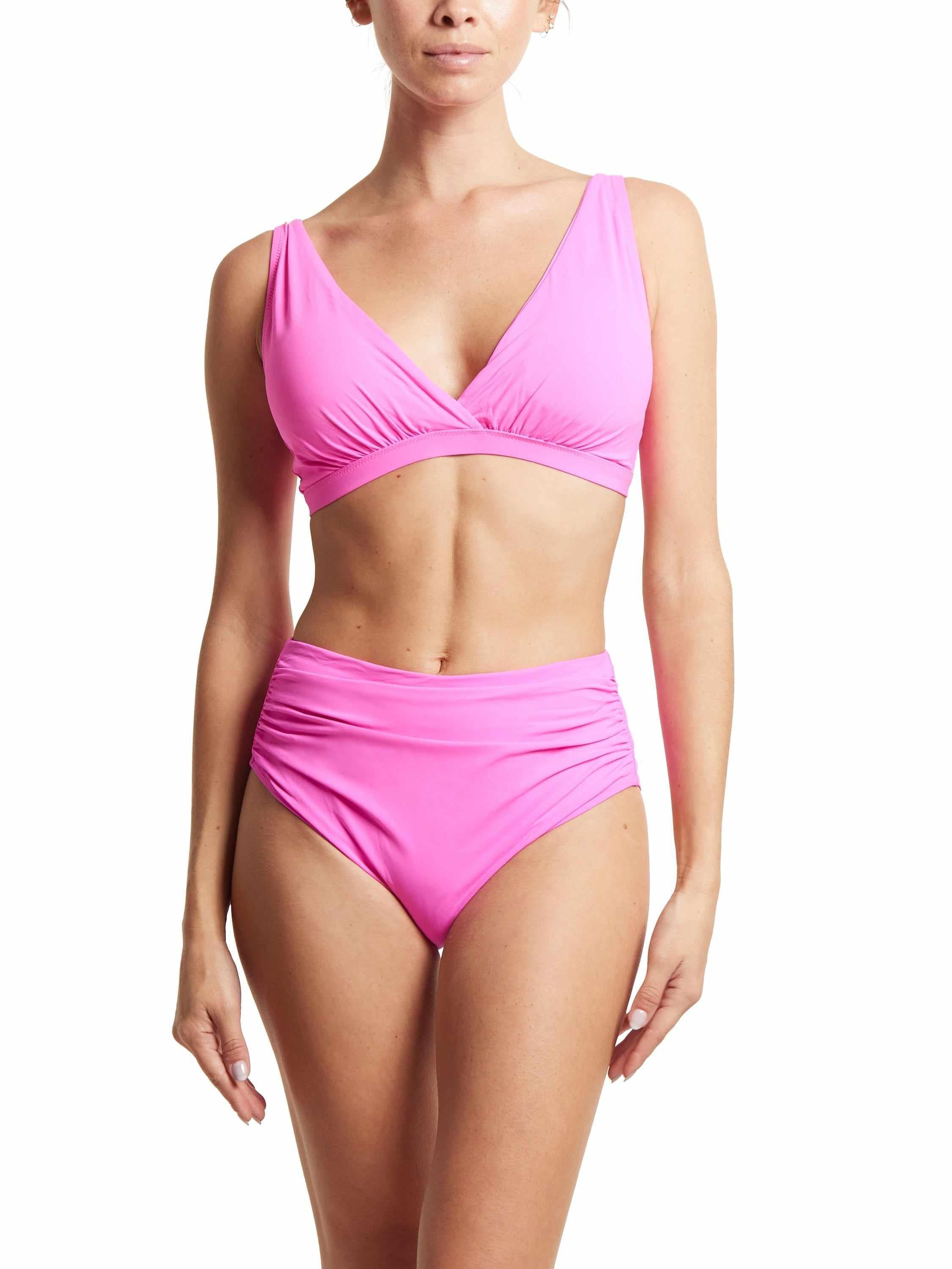 Unapologetic Pink Plunge Swim Top with Matching High Waist Bikini Bottom - Full Front View | Hanky Panky