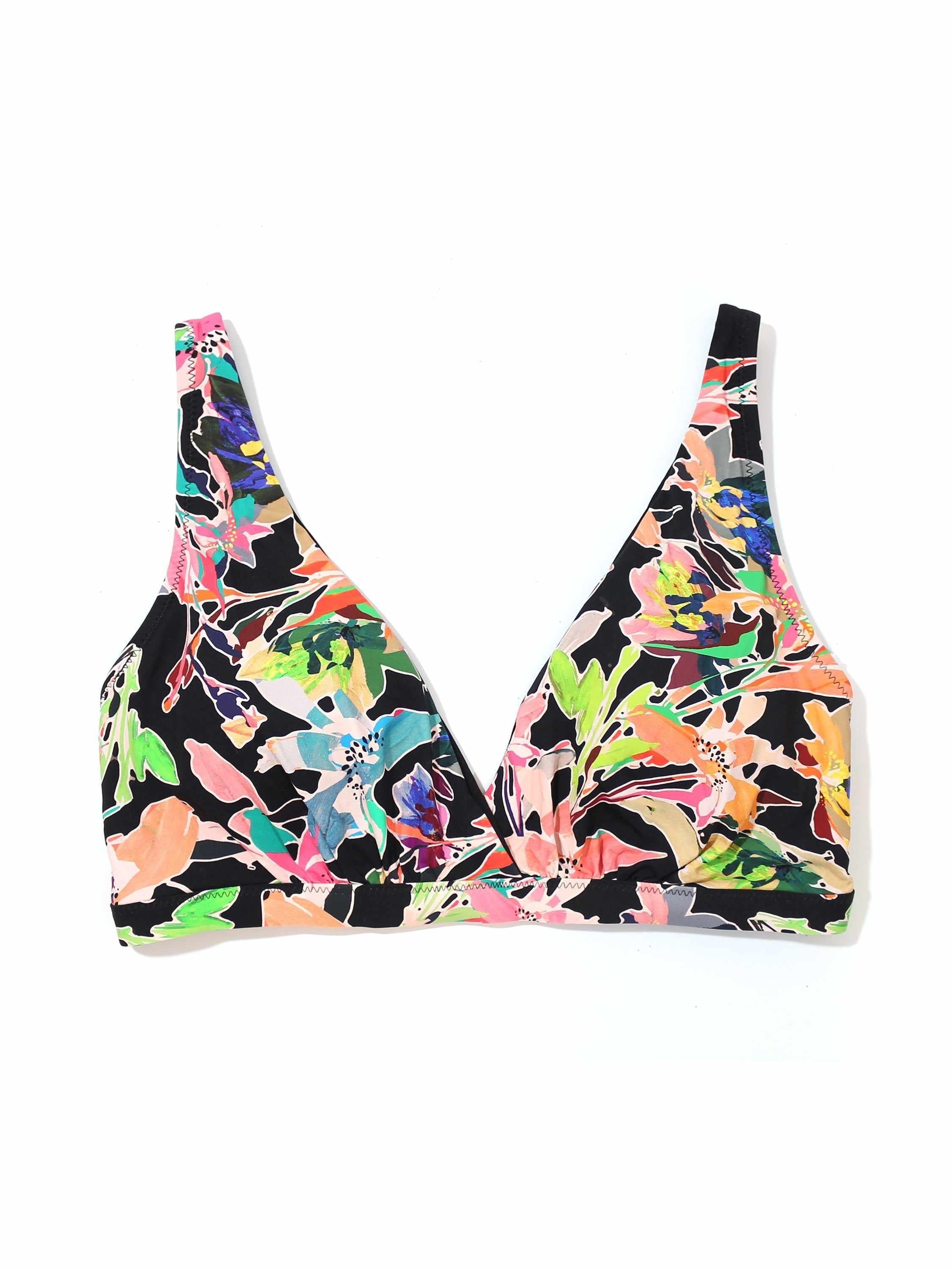 Plunge Swim Top Unapologetic Black Tropical Floral Print - Flat Lay Front View, Two-Piece Bikini Top | Hanky Panky