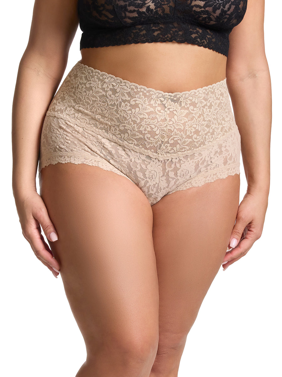 Chai Retro Lace Plus Size High Rise Boyshort - Front On-Model View | Hanky Panky