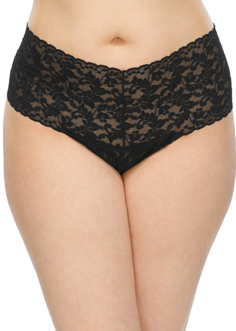 Black Plus Size Retro Lace Thong, Front View - Floral Lace High Rise Wide Waistband on Model | Hanky Panky