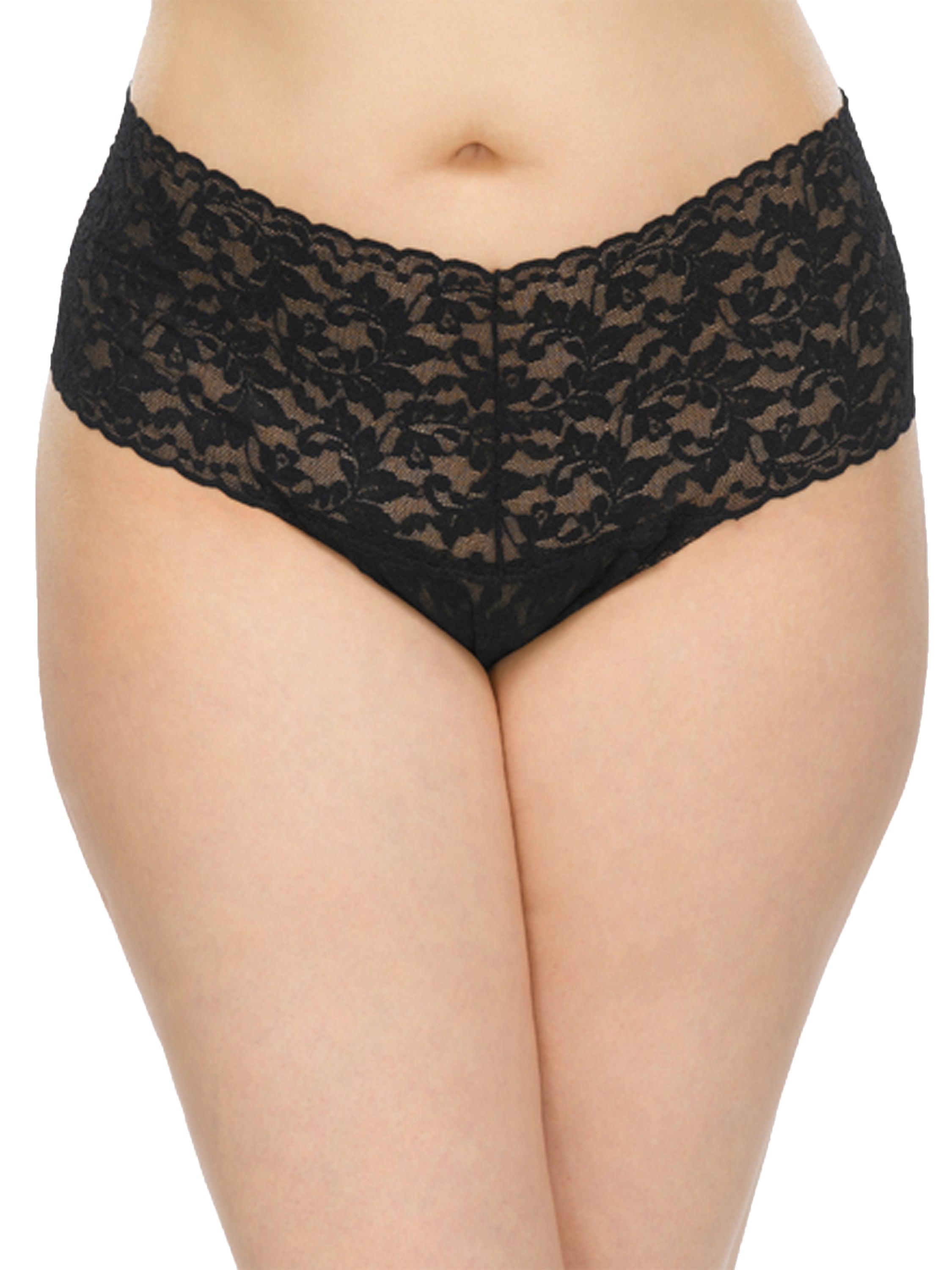 Black Plus Size Retro Lace Thong, Front View - Floral Lace High Rise Wide Waistband on Model | Hanky Panky